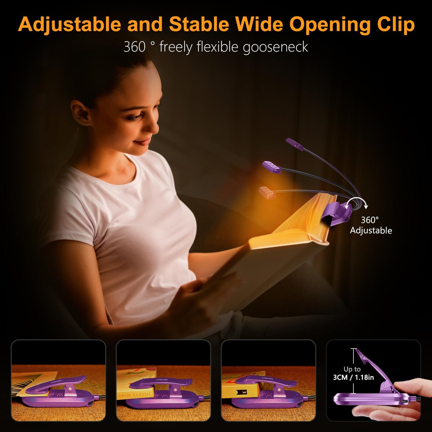Gritin Rechargeable Book Light 19 LED, 3 Color Temperatures, 5 Brightness Levels, Flexible Goose Neck, Dark Purple, Model G1321
