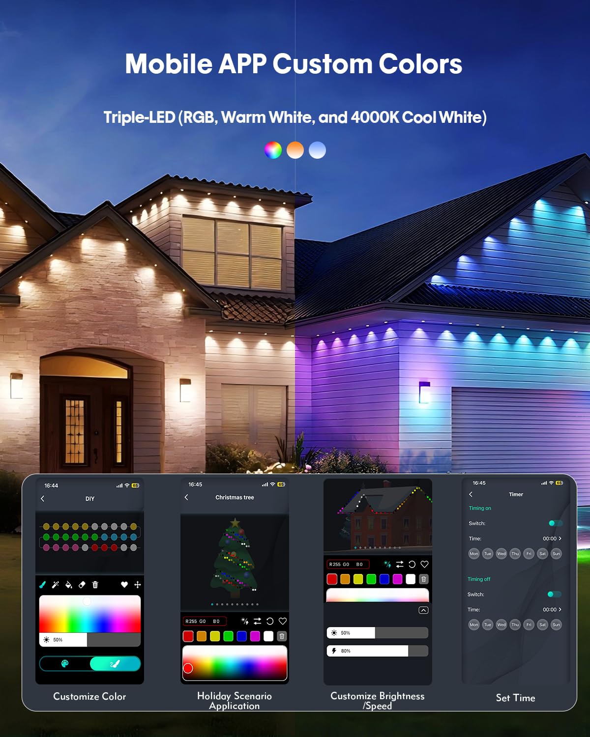 PIYOOPDR Outdoor LED Eave Lights, 200FT, Smart RGB-IC, 4000K White & Multicolor, IP67 Waterproof, Model JG-001W-10