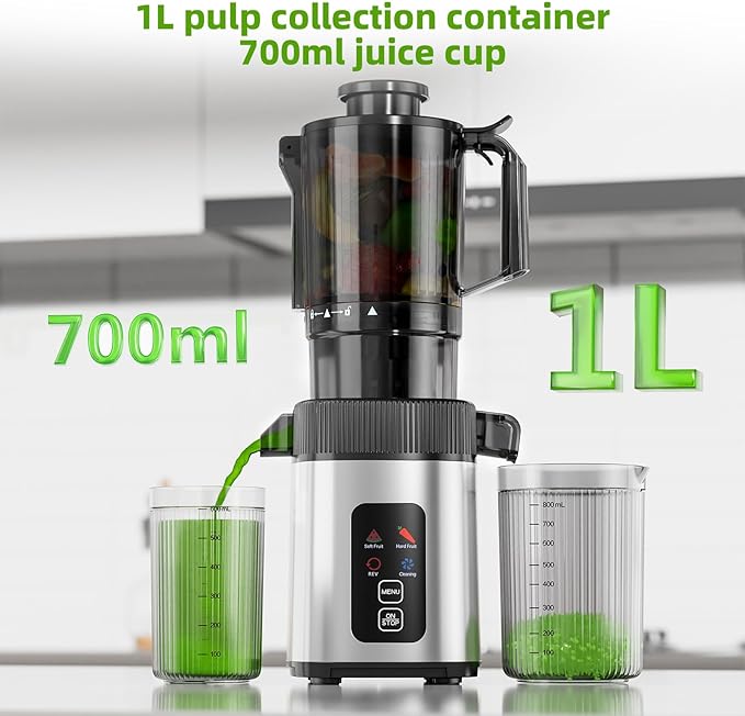 Crzoe Cold Press Juicer with a 4.35 Wide Feed Chute for Whole Fruits and Vegetables, Button control, Slow Masticating juicer, Easy to Clean Low noise and High juice Yield, Stainless Steel