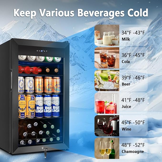 Tylza 130 Cans Beverage Refrigerator Cooler, 3.22 Cu.Ft Beverage Cooler with Low-E Glass Door, Safety Lock, Beverage Fridge for Soda, Beer, Wine, Mini Fridge for Home, Office, Bar, Bedroom, Black