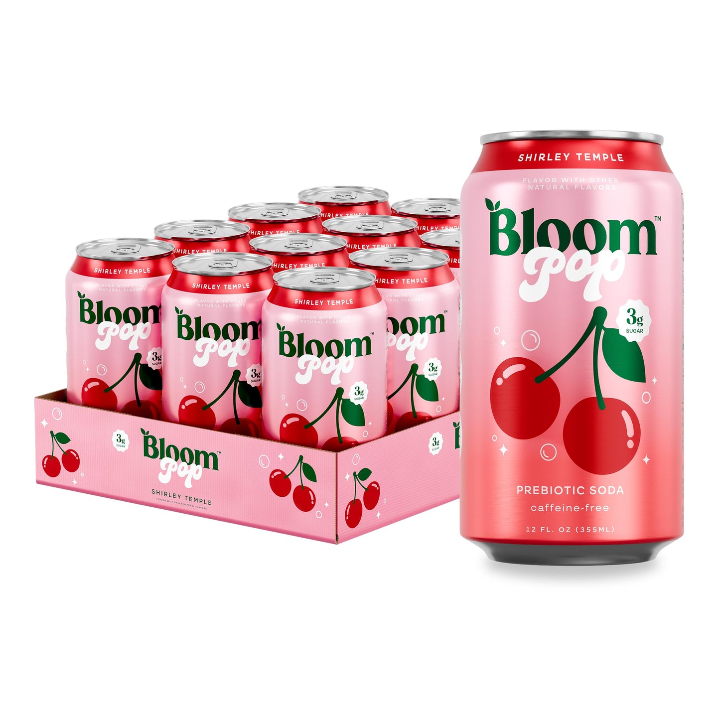 Bloom Pop Prebiotic Soda 12 Pack Shirley Temple Flavor 12oz Cans | Prebiotic Soda for Gut Health Low Calorie Soda No Caffeine Healthy Soft Drink Alternative