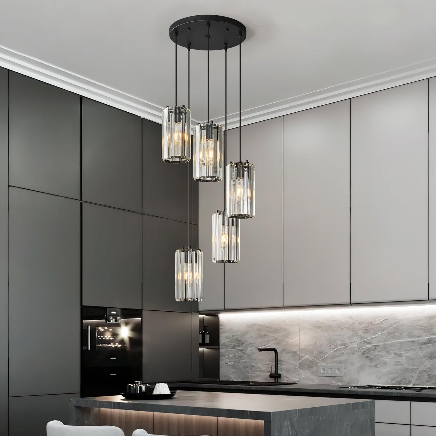 Zhllmq Black Pendant Lighting Modern Pendant Light Mini Crystal Chandeliers Adjustable Pendant Light Fixture For Kitchen Island Dinning Room Corridor Bedroom(Gold 5-Light)