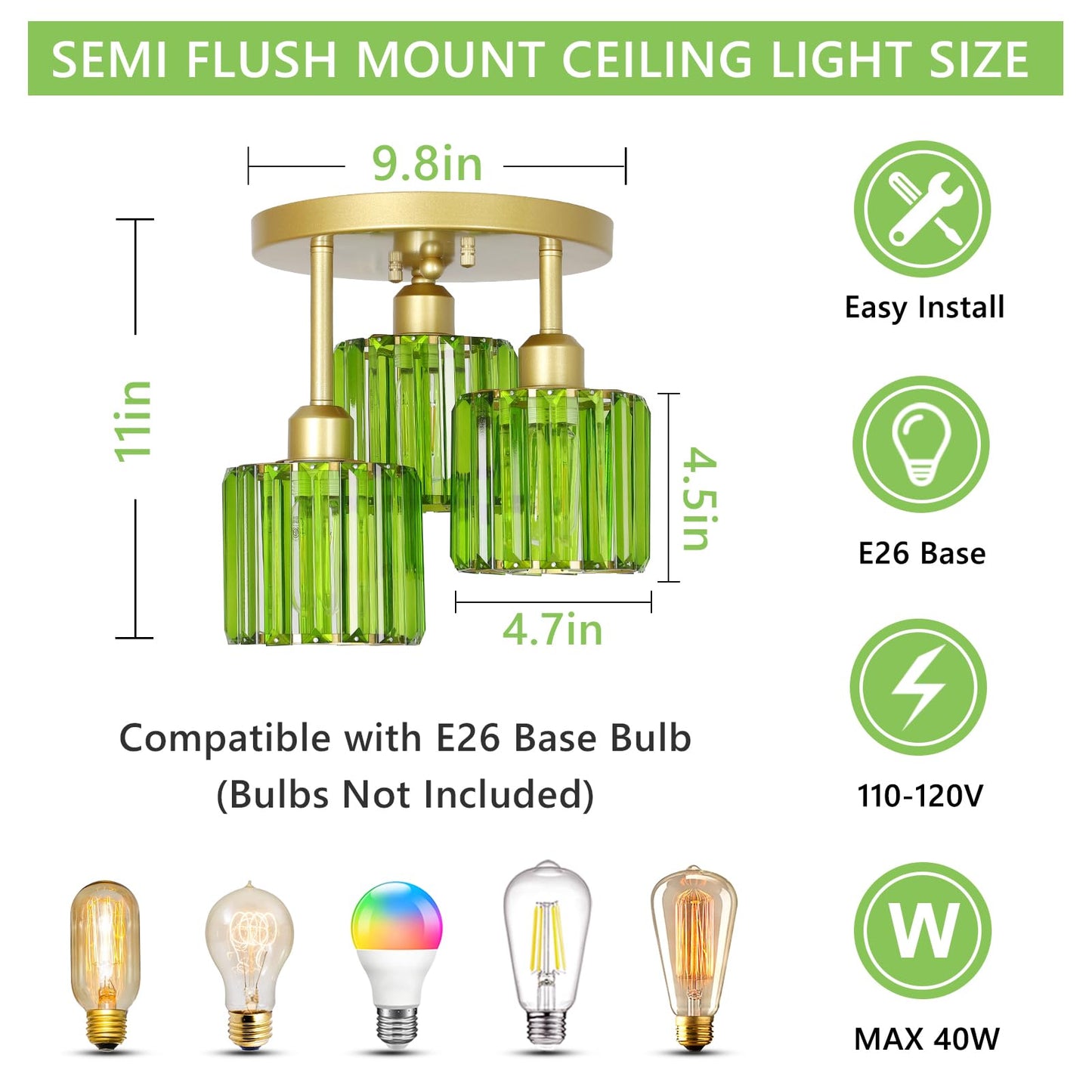 PAUFUL 3-Light Semi Flush Mount Ceiling Light, Green Crystal Shades, Model 250617A1