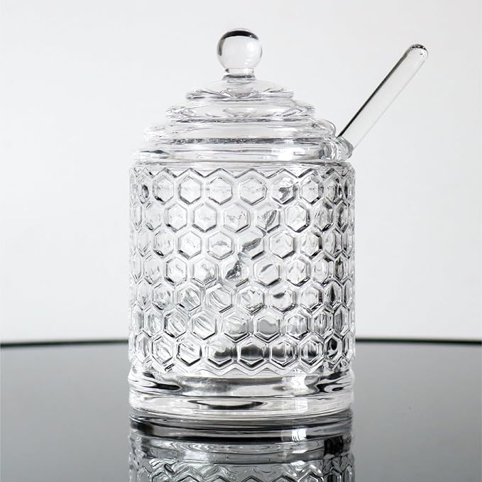Glass Honey Jar with Lid and Dipper, Honeycomb-Inspired Design Container, Heavy Honey Pot for Home Kitchen (10 oz)