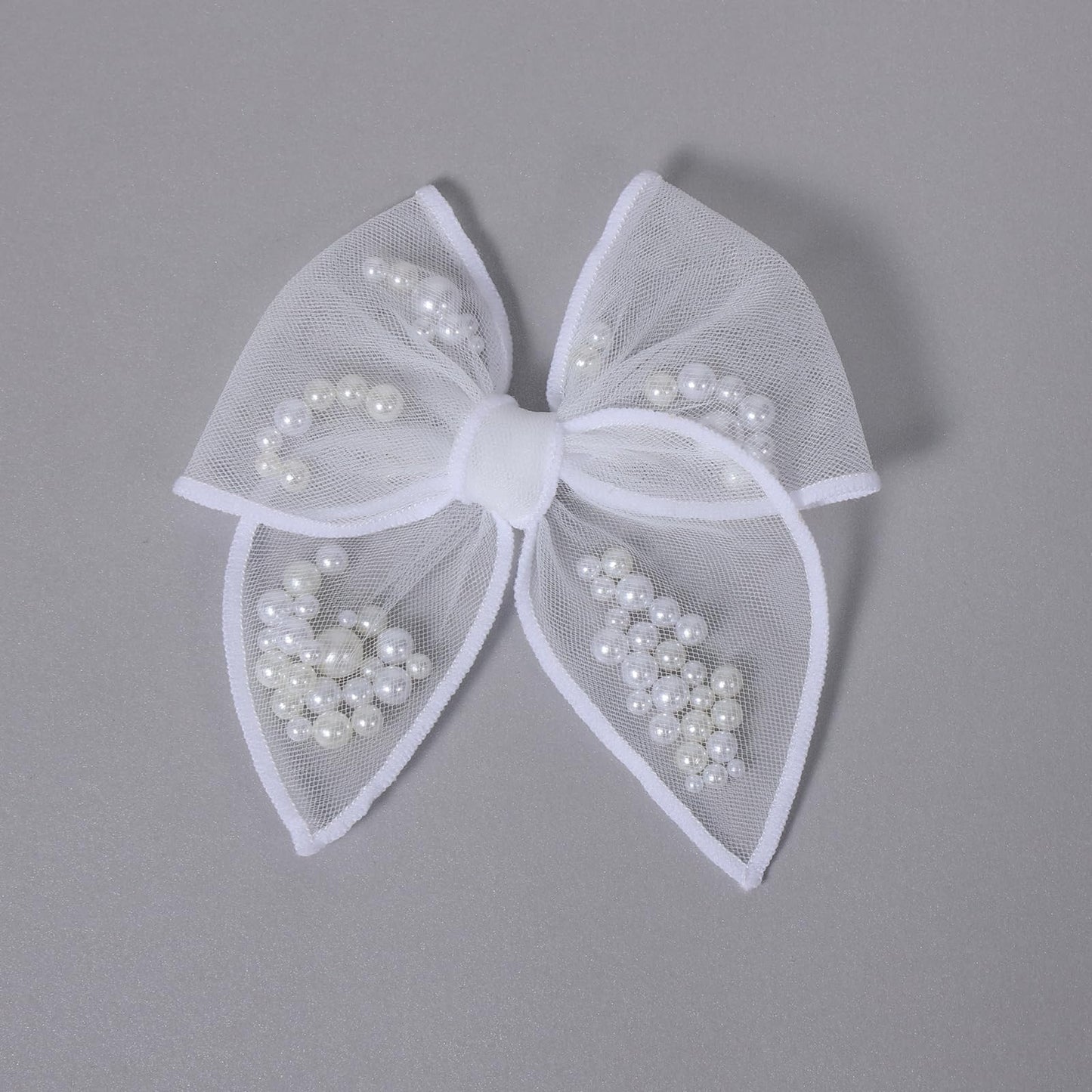 White Pearl Fable Hair Bow Clips for Flower Girls Wedding 4 Mesh Tulle Ribbon Shaker Bow Alligator Hairpins Toddlers Kids Pagea