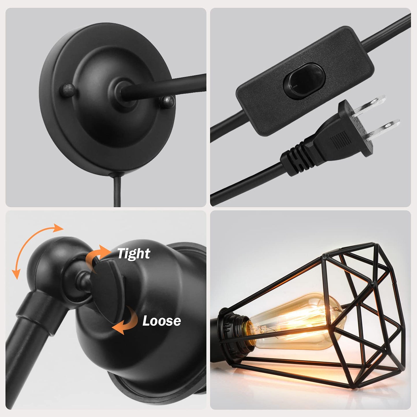 WimiSom Plug-in Wall Sconce, Industrial Metal Lamp, On/Off Switch, Black, 2-Pack