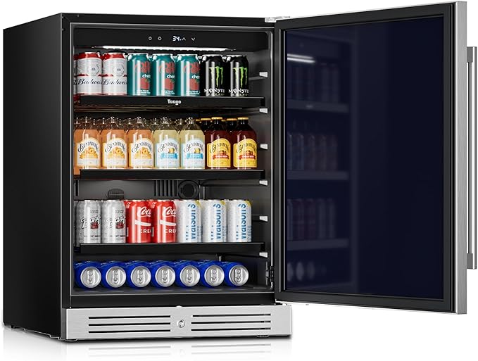 Yeego 24 inch Beverage Refrigerator, 160 Cans Beverage Fridge with Lock & Auto Defrost, Stainless Steel Indoor/Outdoor Refrigerator Freestanding or Under Counter Beverage Cooler for Soda, Beer, Wine