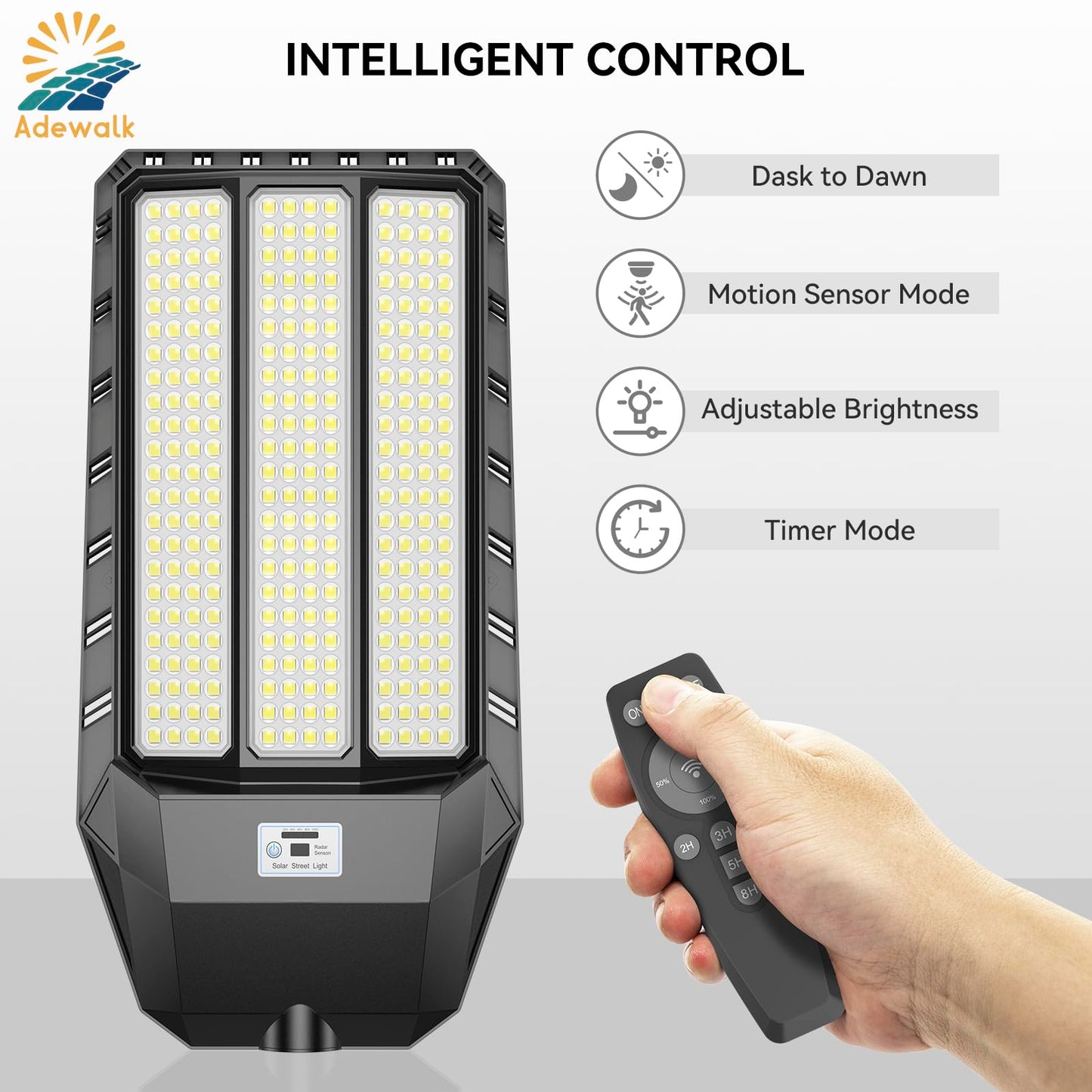 Adewalk 8000W Solar Street Lights, Dusk to Dawn, Motion Sensor, Heavy Duty, 2 Pack, Model TW3002