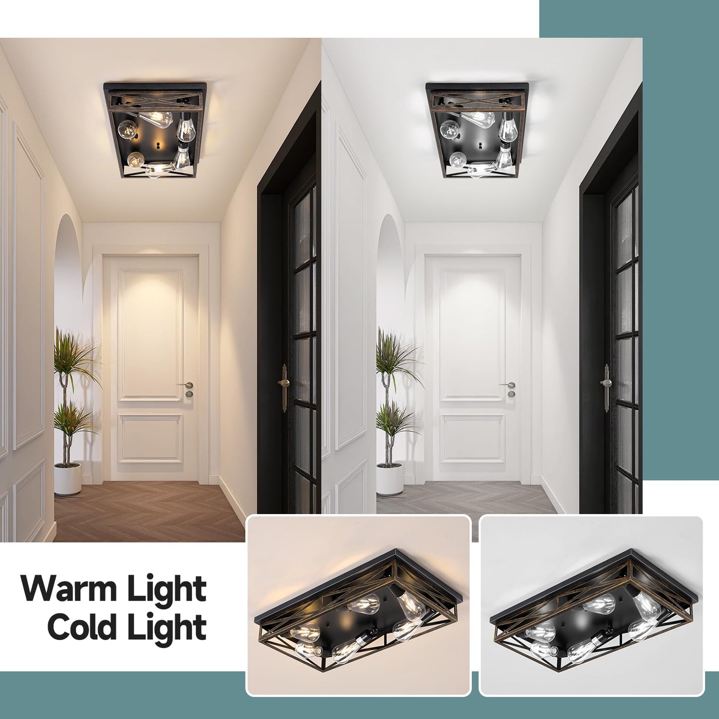 DIKAIDA 6-Light Rustic Black Ceiling Light Fixture, Industrial Metal Cage, Flush Mount, 23in for Kitchen, Hallway, 1 Pack