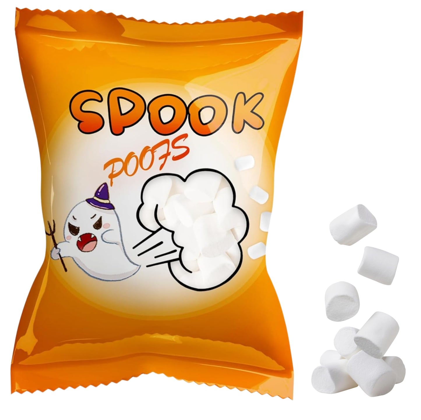 4Es Novelty 24 Pack Halloween Mini Marshmallows - Spook Poof - Indvidually Wrapped Vanilla Flavor - Halloweens Candy for Kids in Bulk Snacks for Trick or Treat 17 Marshmallows in Each Bag