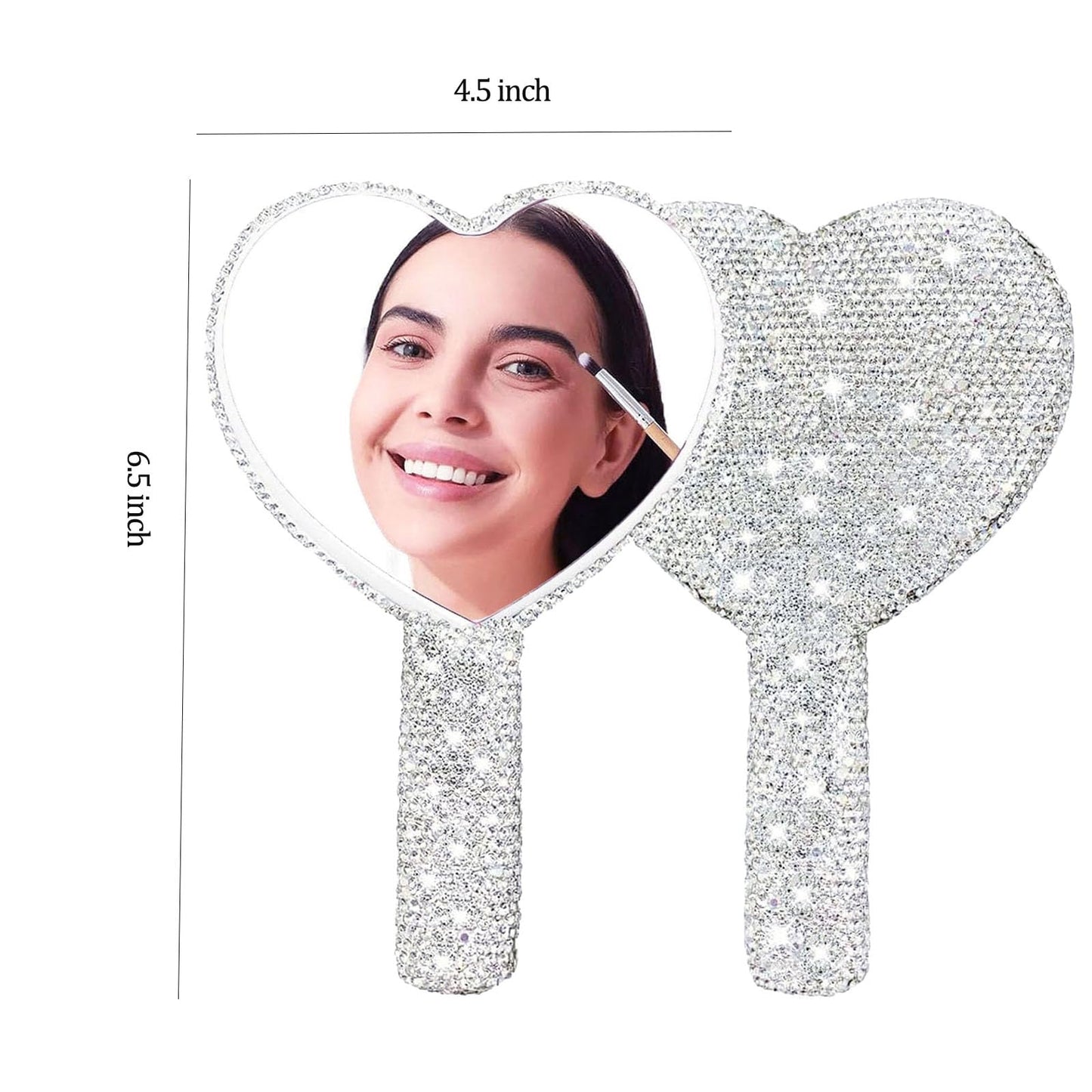 Frinnovan Large Rhinestone Handheld Mirror Heart Bling Glitter Cosmetic Dazzling Portable Hand Mirrors with Handle for Women Wed