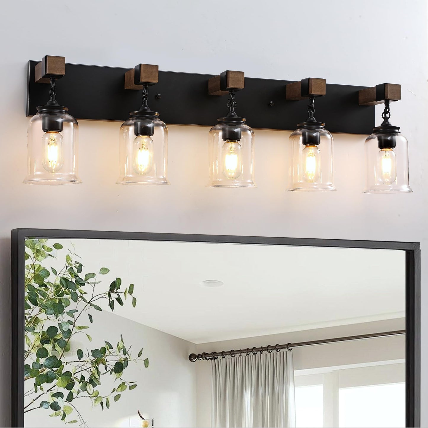 Farmhouse Bathroom Vanity Light, 5 Light Black Bathroom Vanity Light Fixtures Over Mirror, Rustic Wall Lighting with Clear Glass