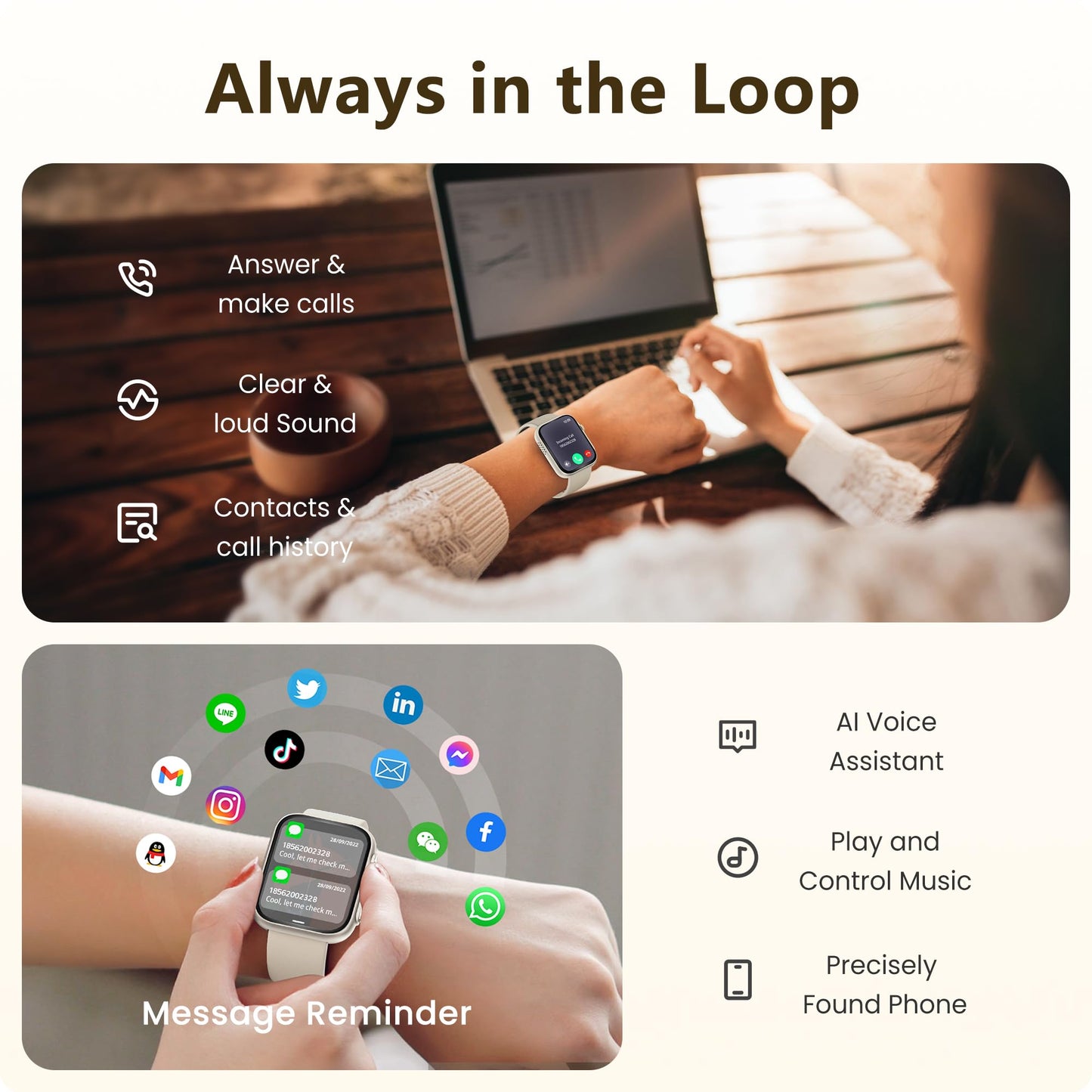 Smart Watch for Men Women, Bluetooth Call, 120+Sports Modes Fitness Tracker, Sleep Tracking, Step & Calorie Counter, IP68 Water Resistant Smartwatchs for Android iPhone, lightweight Casual Beige