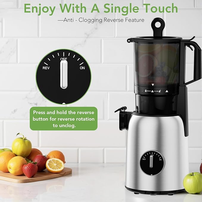 Cold Press Juicer Wide Mouth 5.4 Inch, Self Feeding Juicer Machines For Whole Fruits & Vegetables, Slow Masticating Juice Extractor High Juice Yield Juice Makers