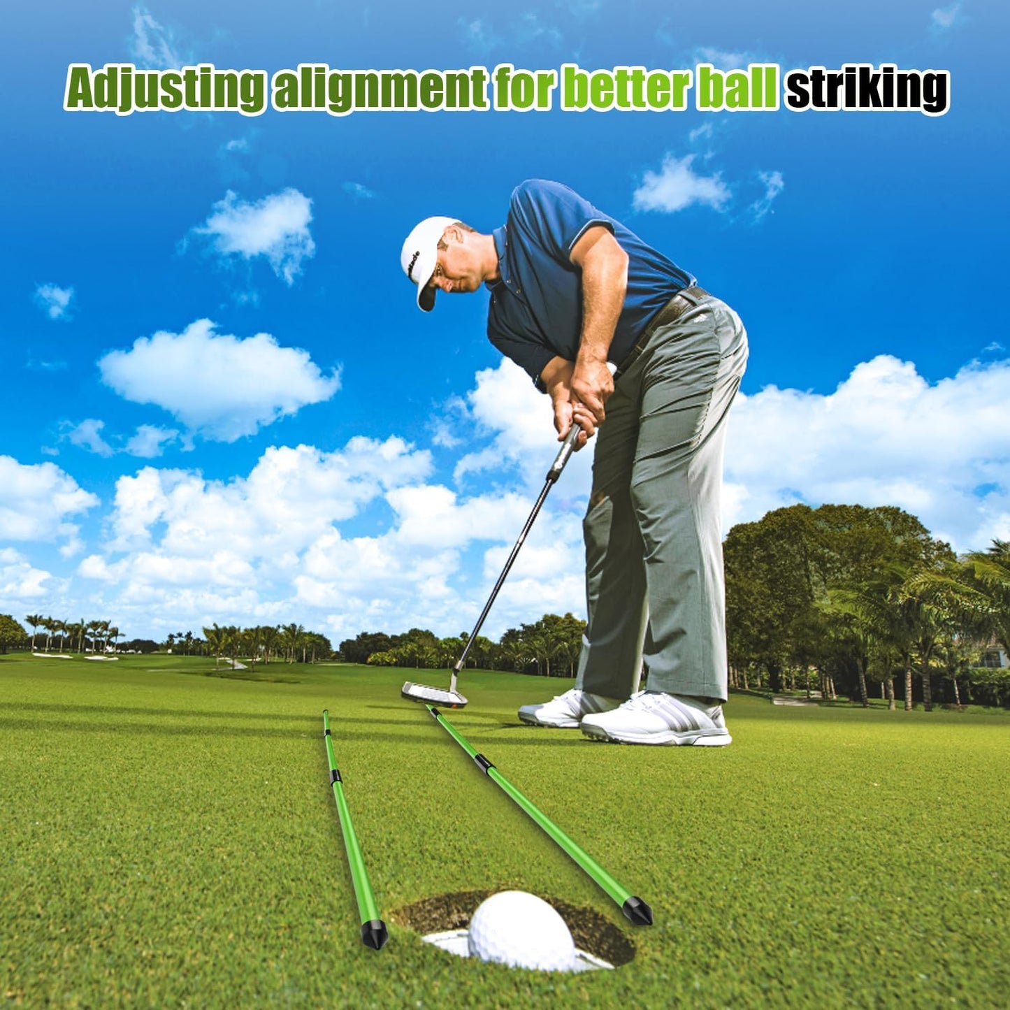 Golf Alignment Sticks 2 Pack, 48″Collapsible Practice Rods for Aiming/Putting, Golf Training Aid for Swing Trainer with Clear Tube Case, Foldable Training Rods with 10 Golf Tees