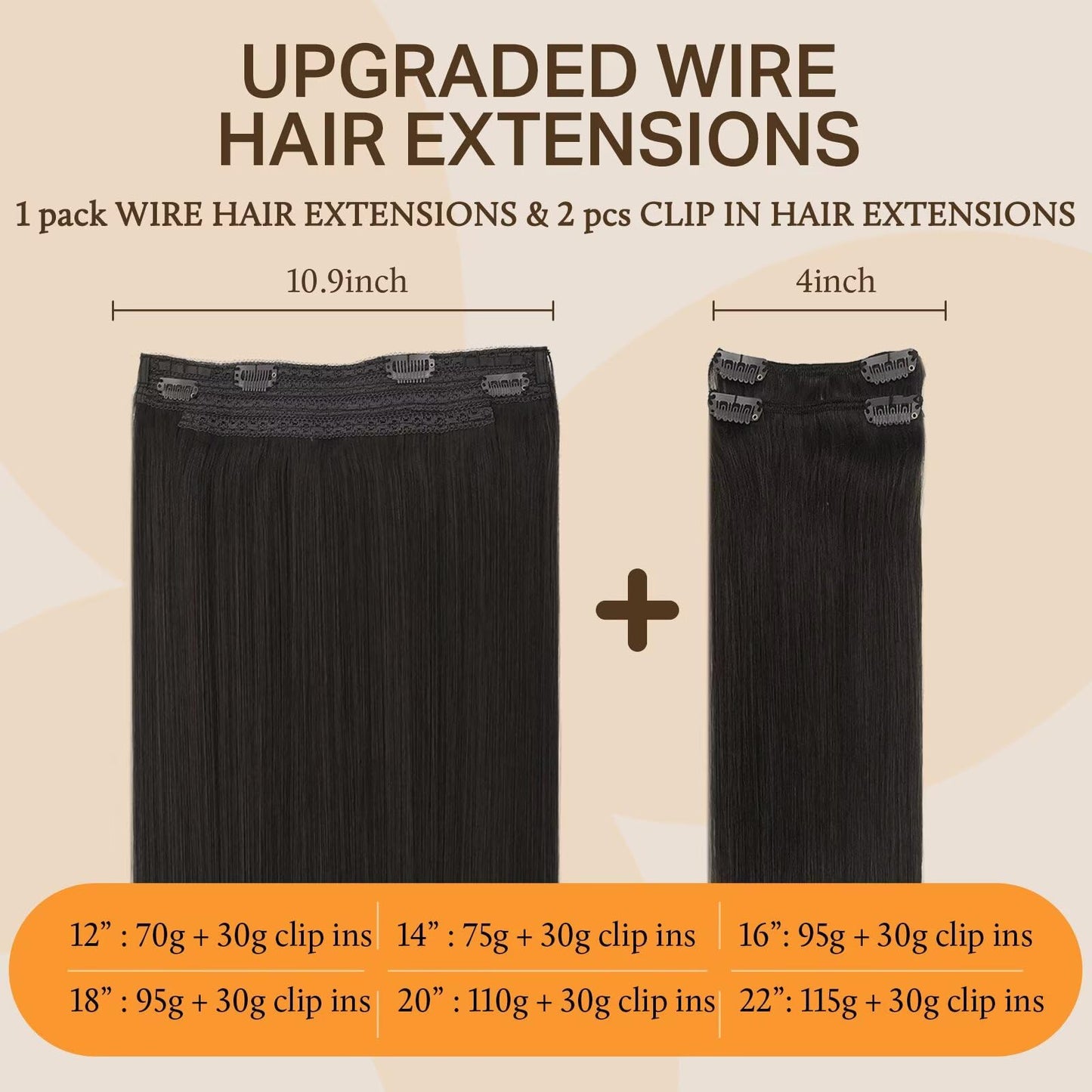 DOORES Wire Hair Extensions, Natural Black 14 Inch 75g Fish Line Weft Extensions and 2pcs 30g Clip ins, 105g Invisible Wire Real