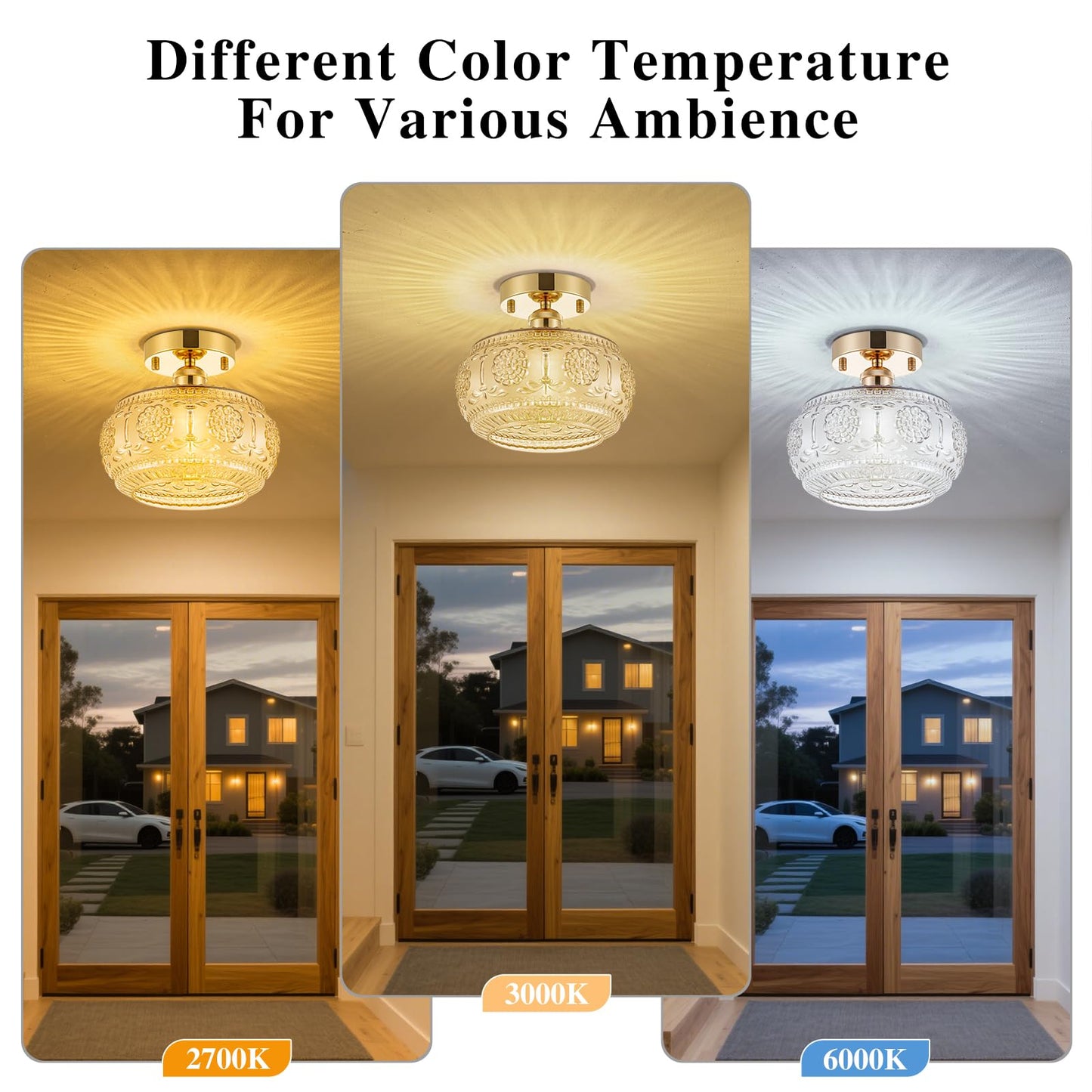 Tbaoinla Semi Flush Mount Ceiling Light - French Gold Finish & Amber Floral Glass Shade Vintage Modern Lighting For Bathroom Kitchen Bedroom (Bulb Not Included)