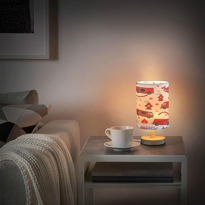 Firefighter Fire Truck Table Lamp for Bedroom Bedside Lamp Desk Lamps Cylinder Nightstand Lamp for Living Room Office Decor