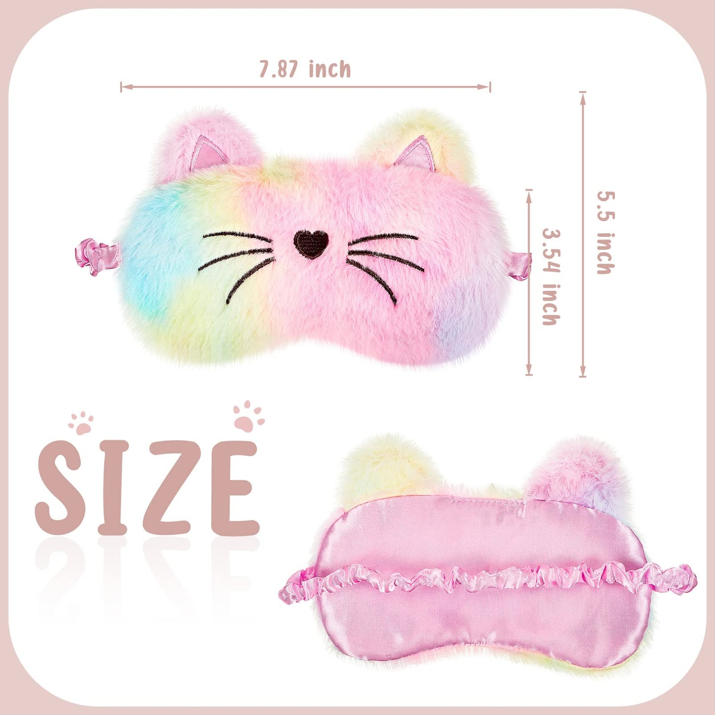 3 Pieces Sleep Mask for Kids, Girls Plush Sleeping Eye Cover Soft Eye Blindfold Cover Animal Shade for Kids(White, Pink and Rainbow Color,Cat Style)