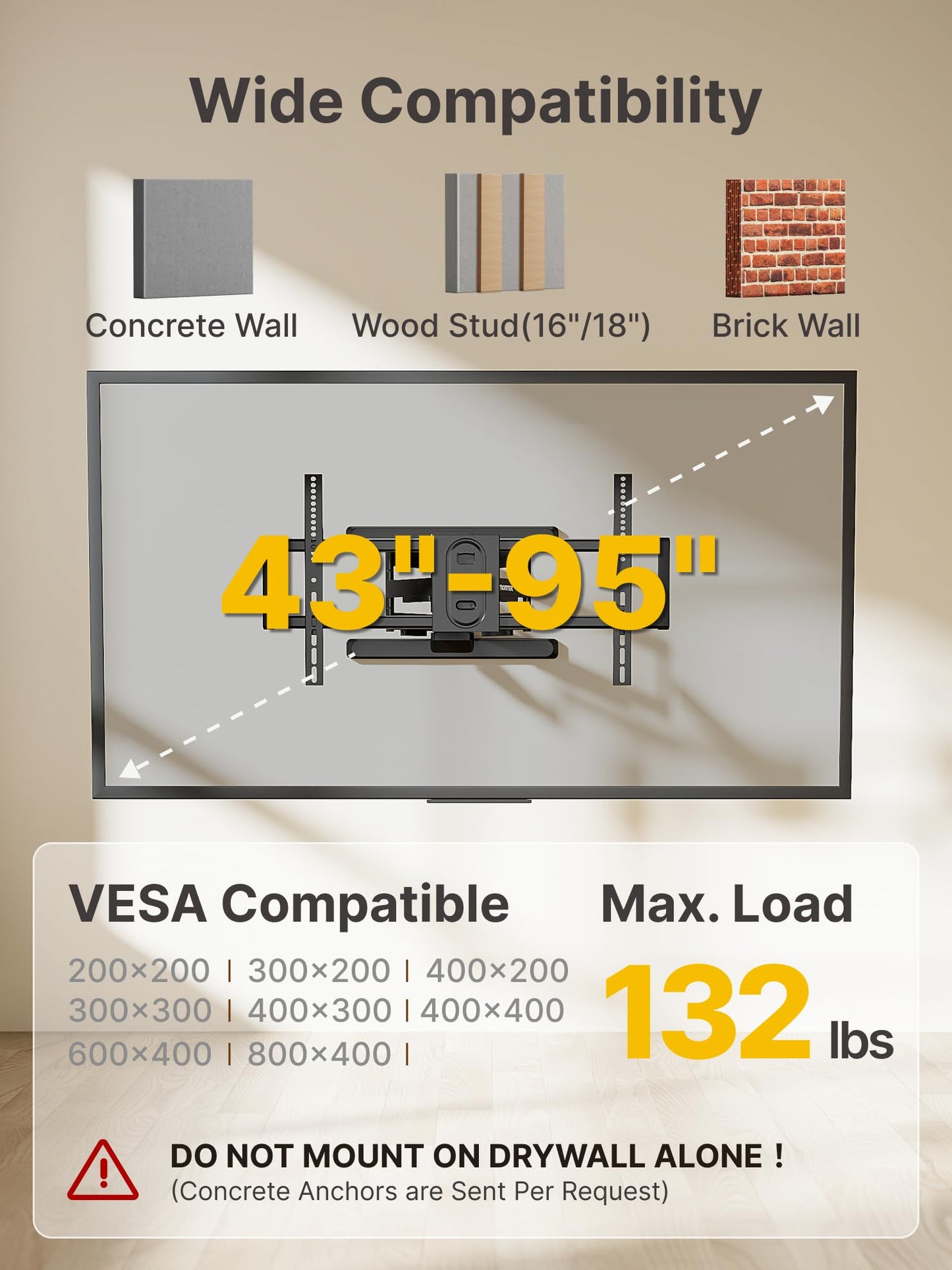 monTEK Full Motion TV Wall Mount for 43–95 Inch TVs, Pre-Assembled TV Mount with Tool-Free Tilt, Swivel, Extension, Max VESA 800 x 400mm and 132 lbs, 16″/18″ Wood Studs
