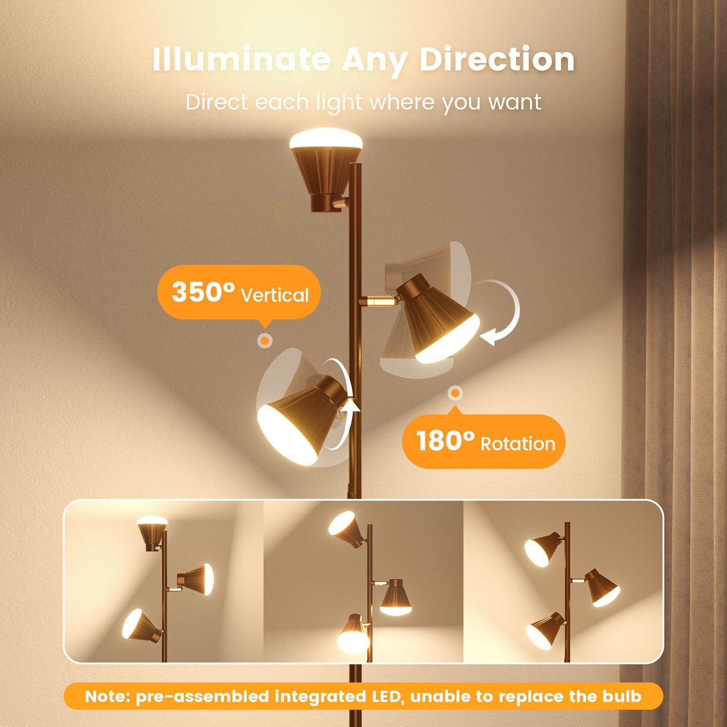 SIBRILLE 36W LED Tree Floor Lamp, Dimmable with Remote & Touch Control, 4 Color Temperatures, Brown, Model H107812