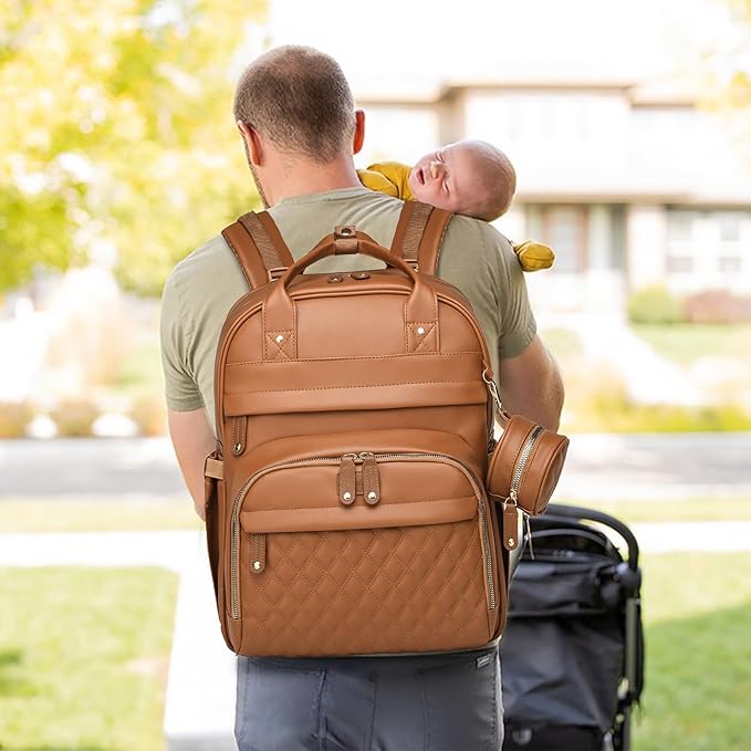 Leather Diaper Bags with Changing Station,Baby Bag,Large Capacity Diaper Bag Backpack for Moms Dads,Waterproof Diaper Backpack(Brown)