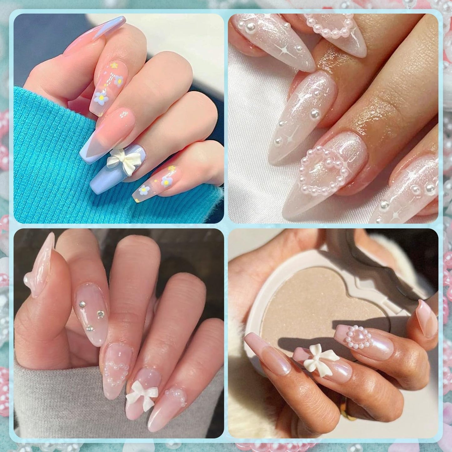 600Pcs 3D Multi Shapes Nail Charms and Flatback Pearls, Colorful&White Mix Styles Heart Star Bow Sunflower Embellishments for Na