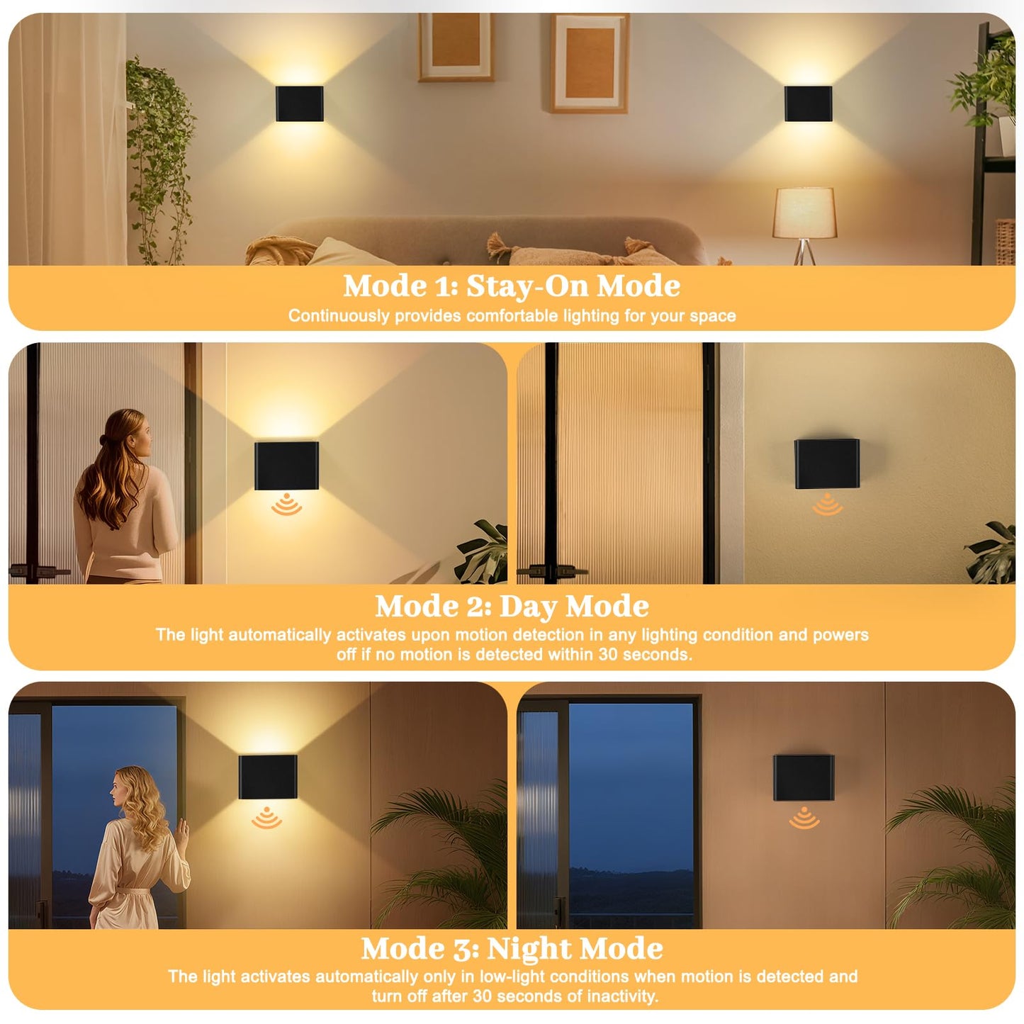 Yochoice Motion Sensor Wall Sconces, 6000mAh Rechargeable, 3 Color Temperatures, Black, Model A5, 2-Pack