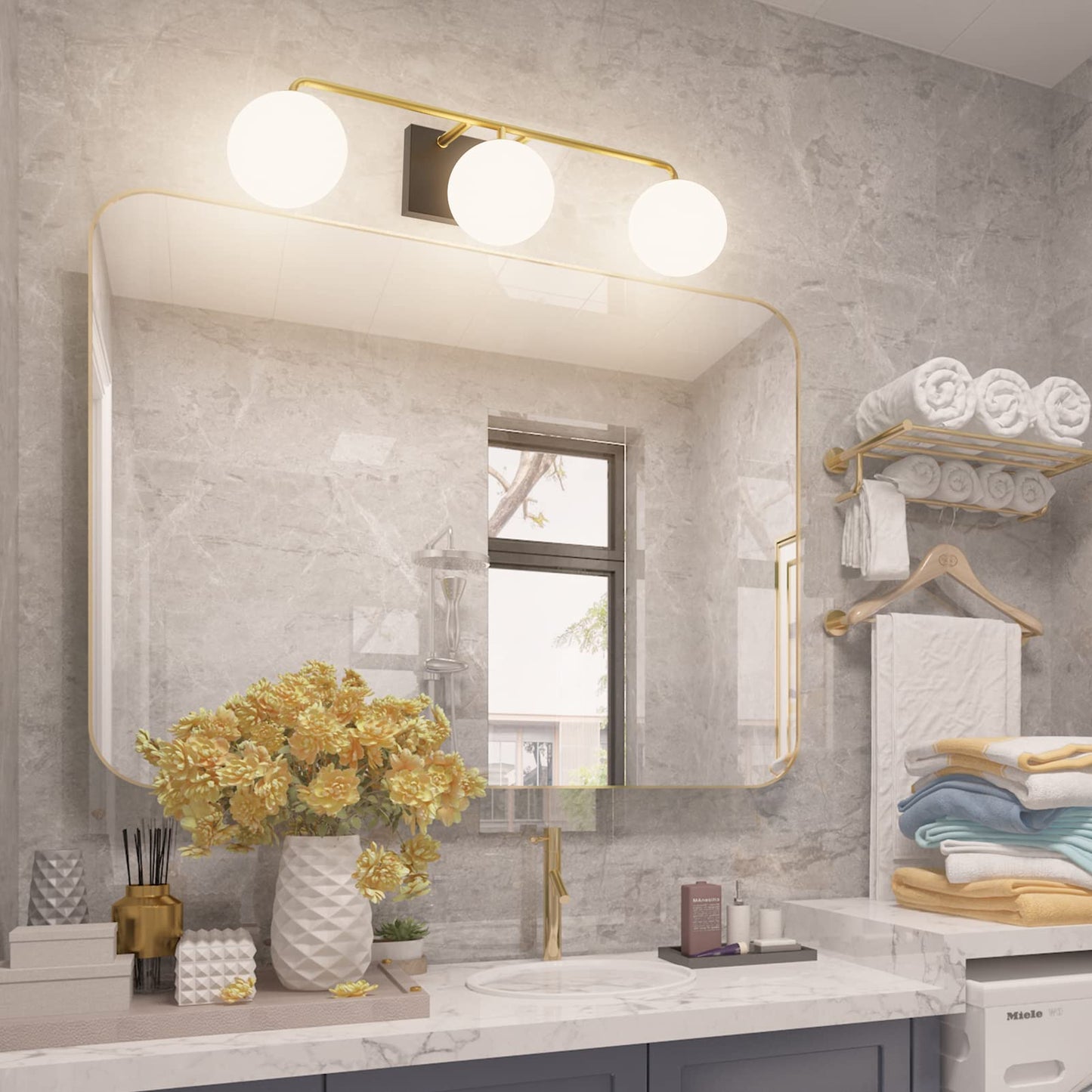 Tipace Mid Century Modern Gold 3-Lights Vanity Light Fixtures With Milky White Glass Ball Shades Industrial Vanity Lighting Over Mirror Wall Sconces For Bathroom Dressing Table Bedroom(Exclude Bulb)