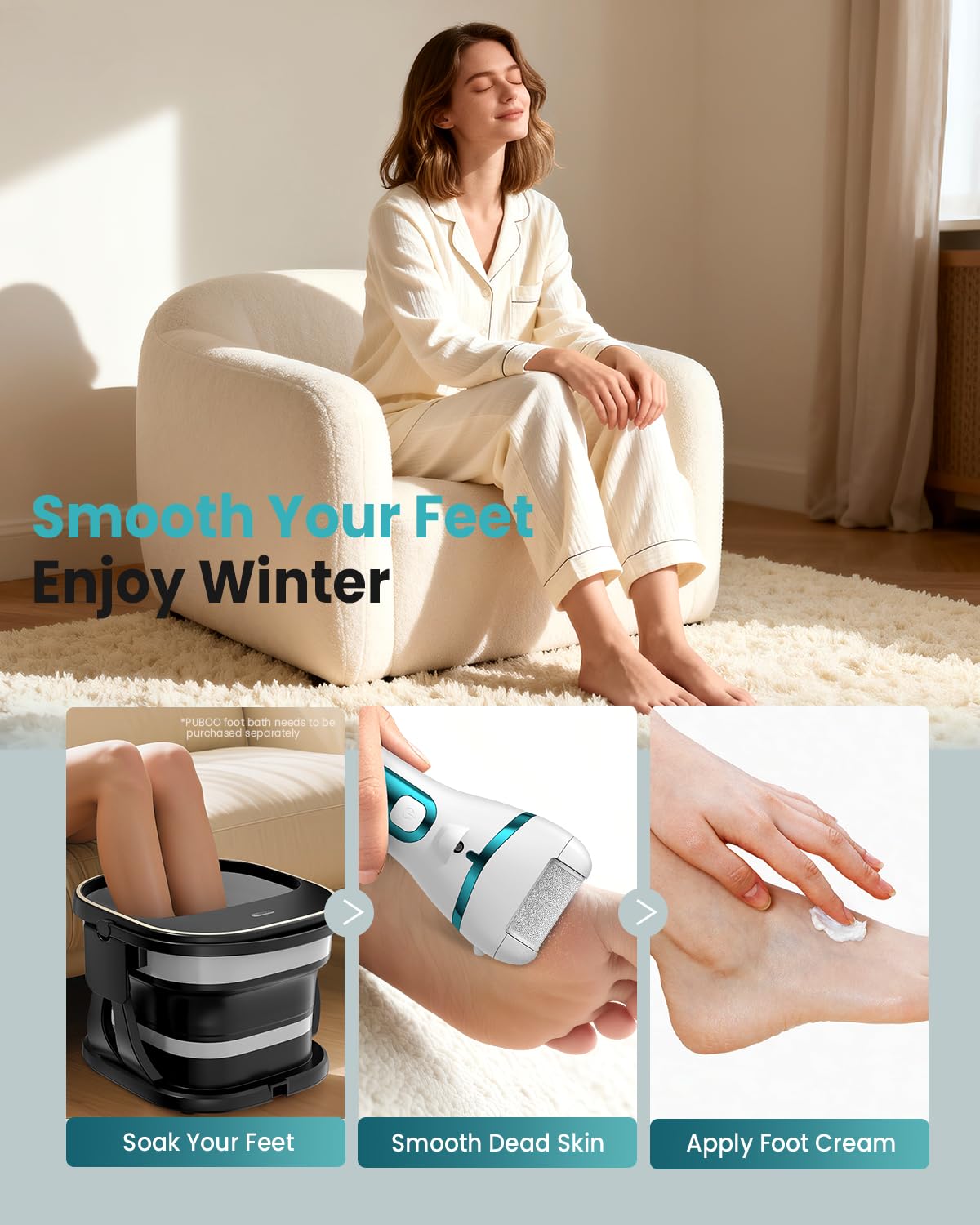 PUBOO Foot Callus Remover Electric 10000 RPM 3-Speed IPX7 Rechargeable Pedicure Kit for Hard Skin Women & Men. Portable Multi-Ro