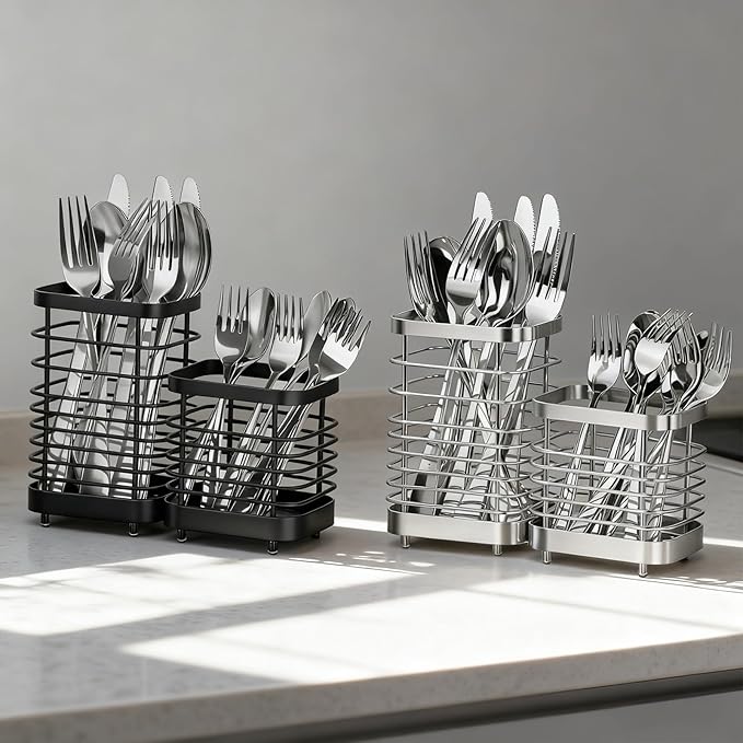 Utensil Holder, Stainless Steel Utensil Drying Rack for Kitchen Counter, Silverware Cutlery Flatware Holder Forks, Knives, Spoons, Chopsticks Organizer (Silver, Tall & Short)