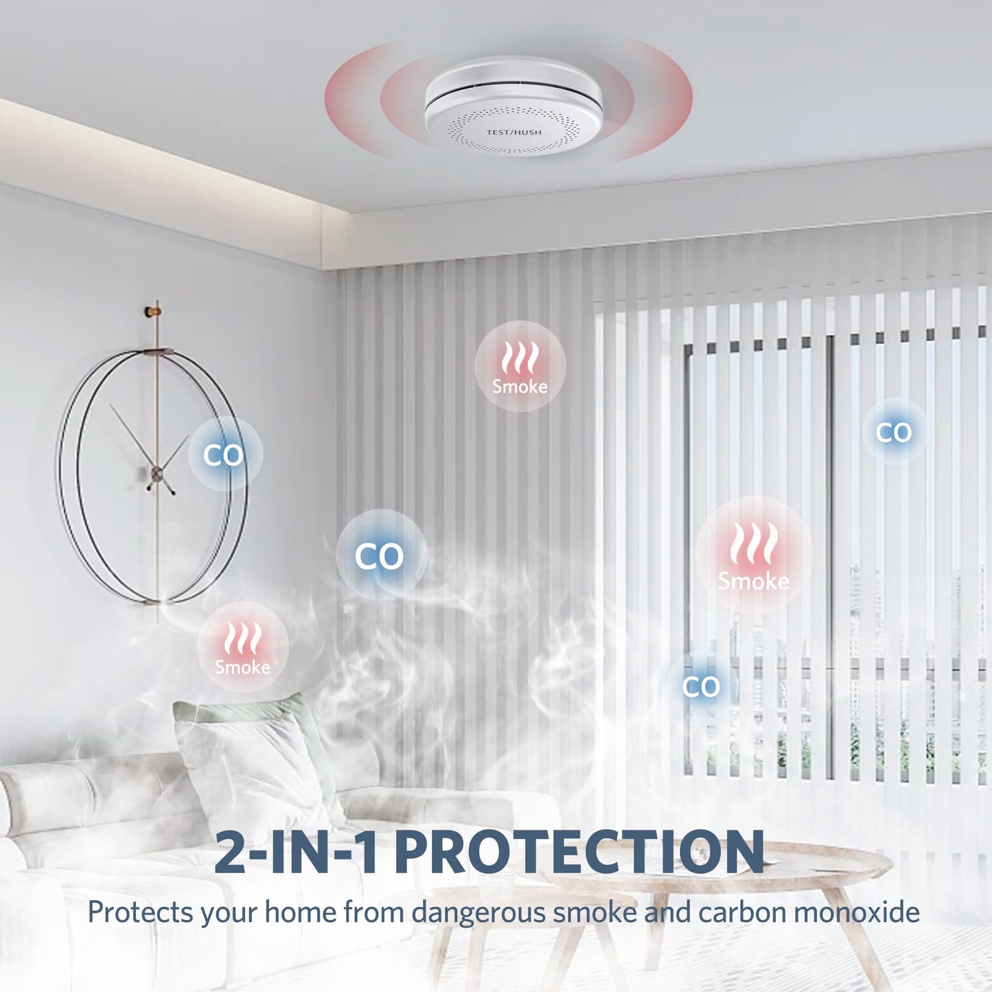 HATHEPHS Combination Smoke and Carbon Monoxide Detector Alarm, 10-Year Battery Dual Sensor Fire & CO Alarm with Large Test/Silence Button, Adhesive & Screws Included, 3-Pack