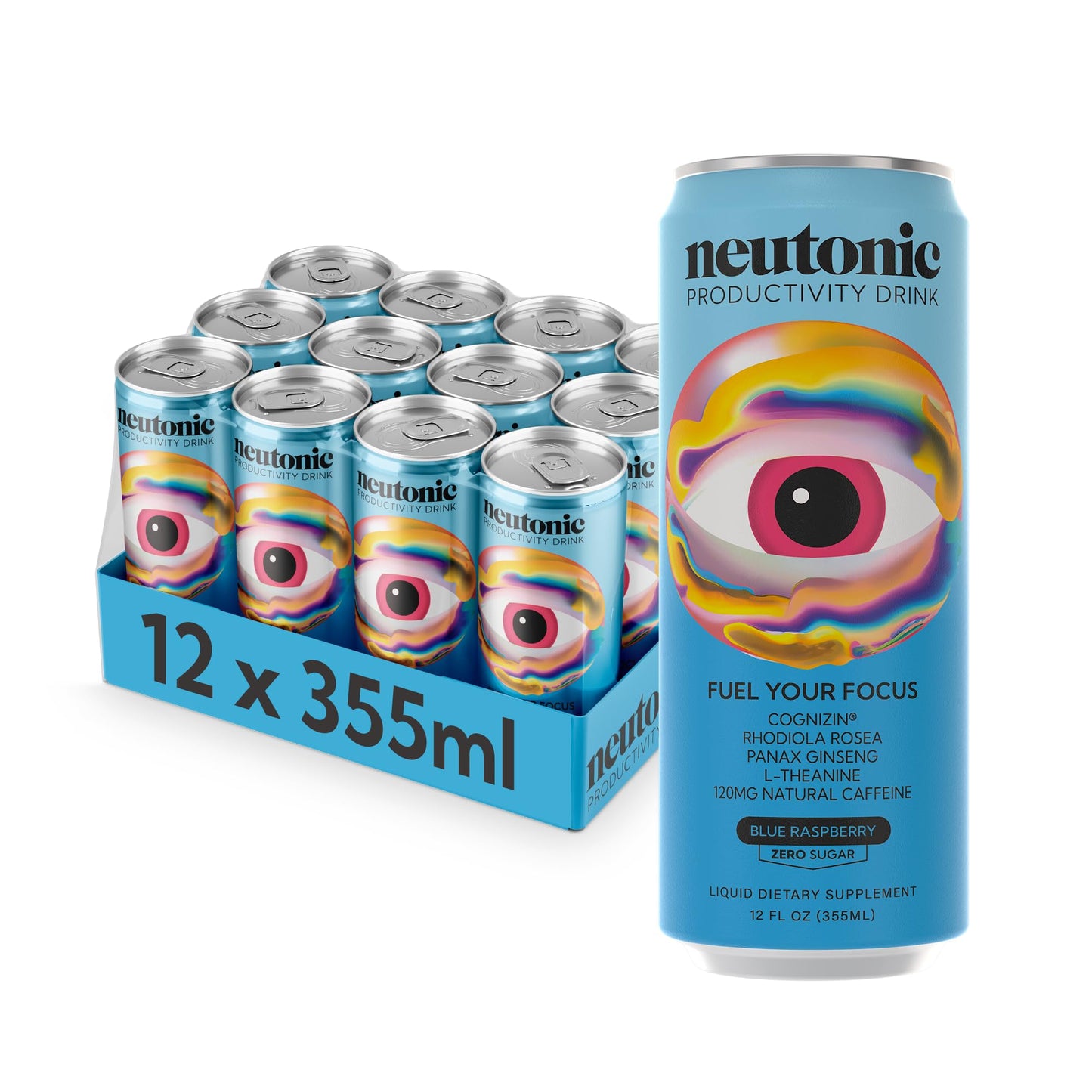 neutonic Nootropic Productivity Energy Drink | Blue Raspberry 12 Cans | 120mg Natural Caffeine Zero Sugar | Support Memory Mental Clarity Cognitive Function | Boost Focus Energy Brain Health