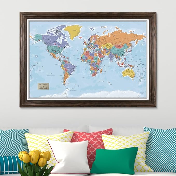Push Pin Travel Maps - Customizable Blue Oceans World with Solid Wood Brown Frame- 27.5" x 39.5" - 8 Handcrafted Frame Options - Made in USA - Ideal for Adventurous Travelers