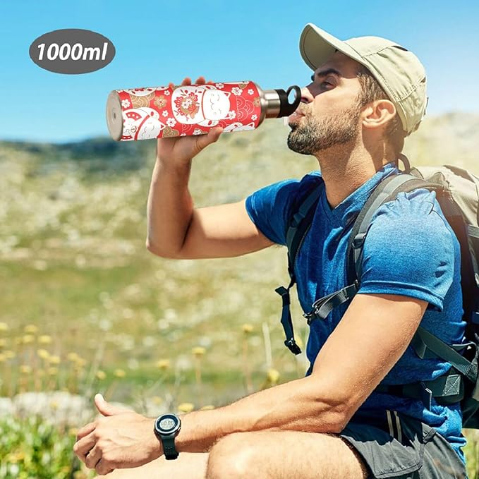 ALAZA Lucky Cat Maneki Neko Red Water Bottle With Straw Lids Boys Girls,Vacuum Insulated Leakproof Stainless-Steel Sports Bottle Thermal Flask For Gym Yoga Camping,34Oz (1000Ml)