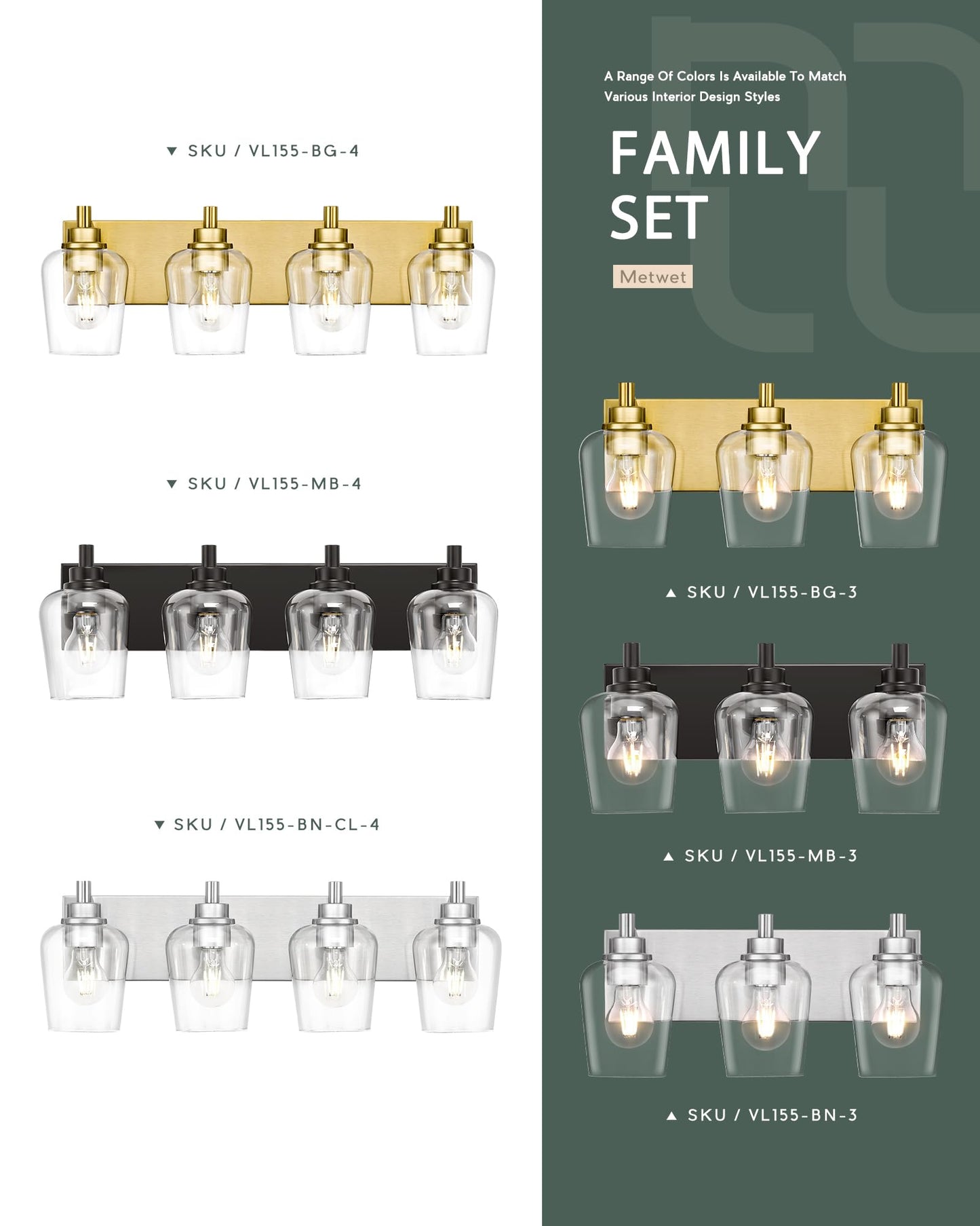 Metwet Bathroom Light Fixtures 3-Light Modern Vanity Light With Clear Glass Wine Glass-Shaped Shade Vanity Lighting Fixtures Over Mirror Matte Black Vl155-Mb-3