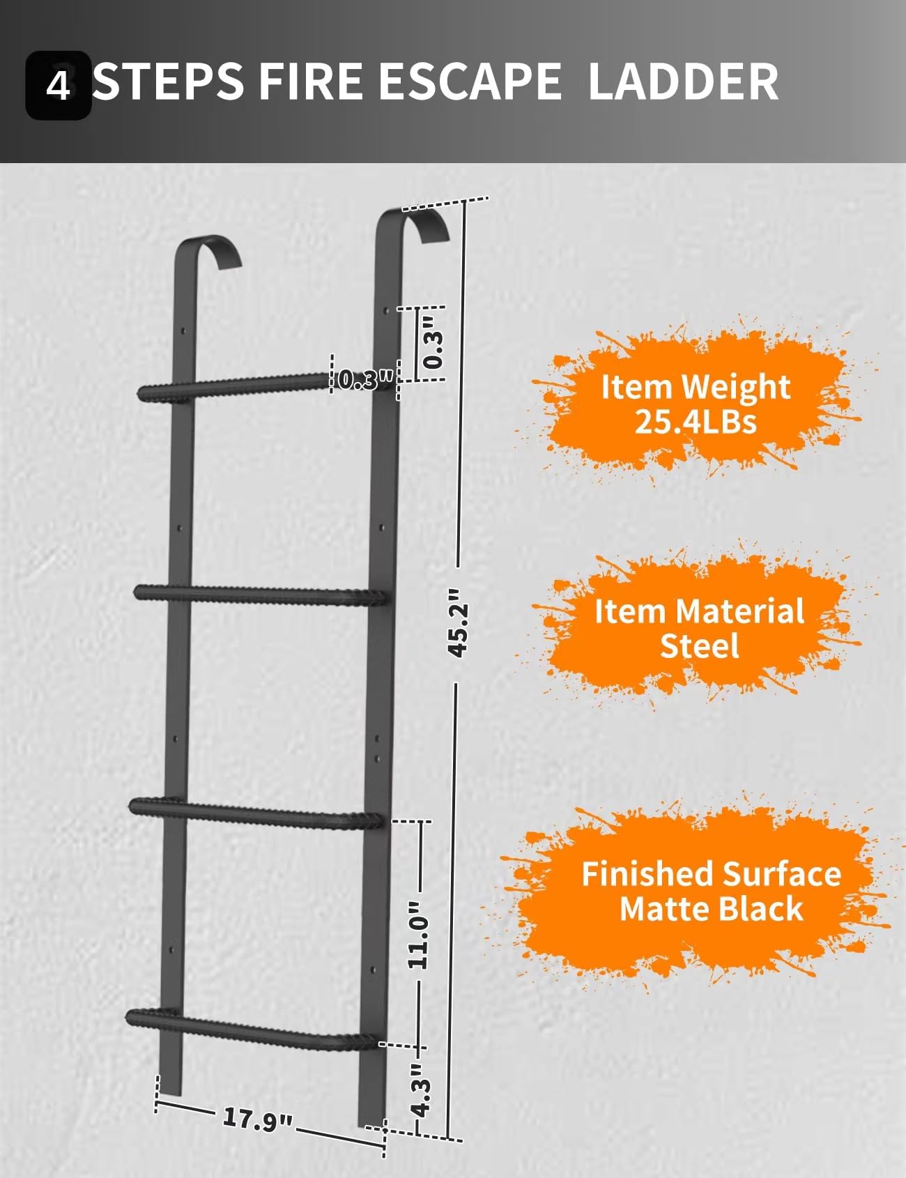 4-Rung Window Well Ladder, Heavy Duty Steel Basement Egress Ladder, Fire Escape for Emergency Home Safety(45.2" Lx17.9 W, Hooked, Matte Black)