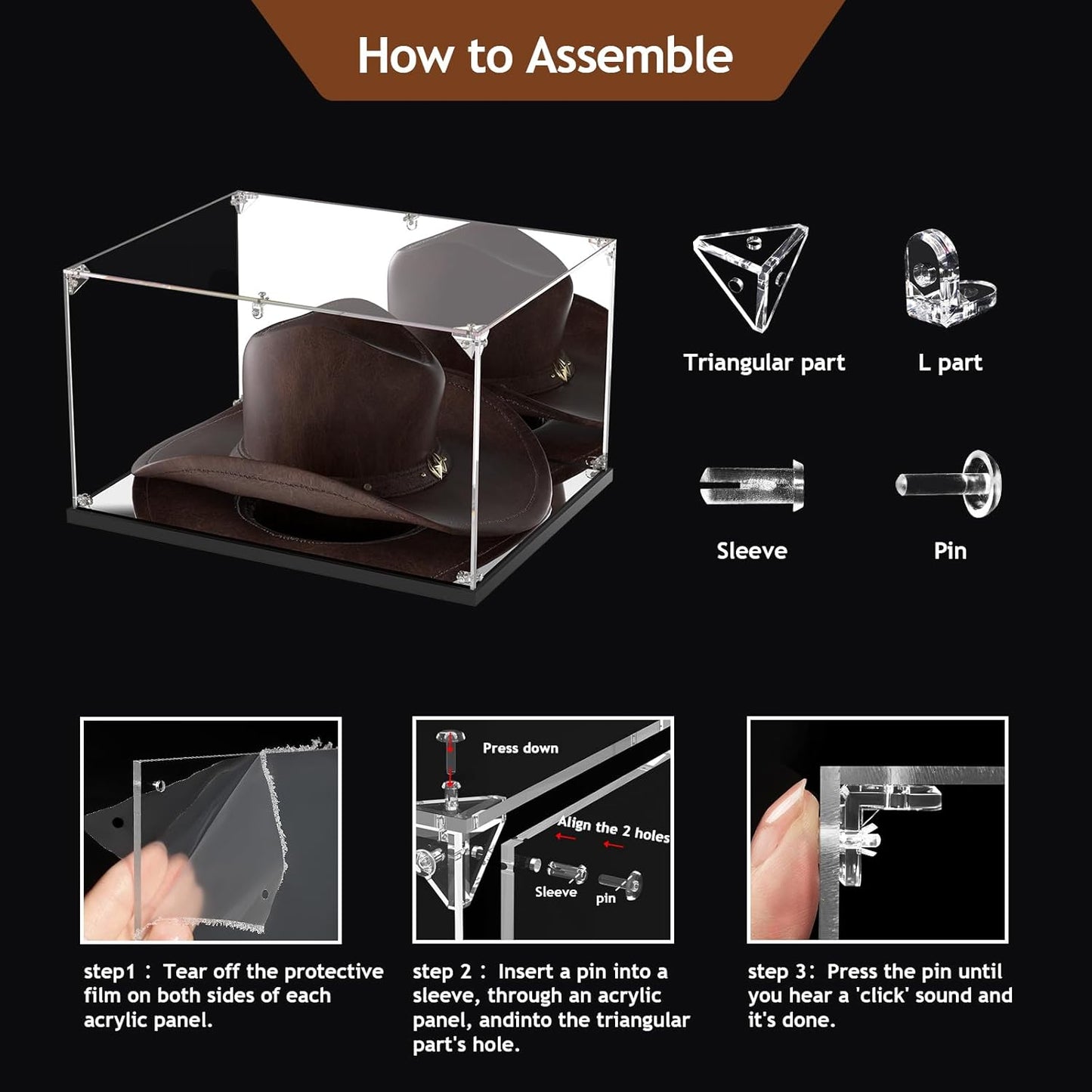 Clear Acrylic Display Case, Cowboy Hat Showcase, Panama & Tweed Organizer with Mirror Backplate & Base uv Protection and Transparency Memorabilia Collectibles(16.5*13*7.9inch,42*33*20cm)