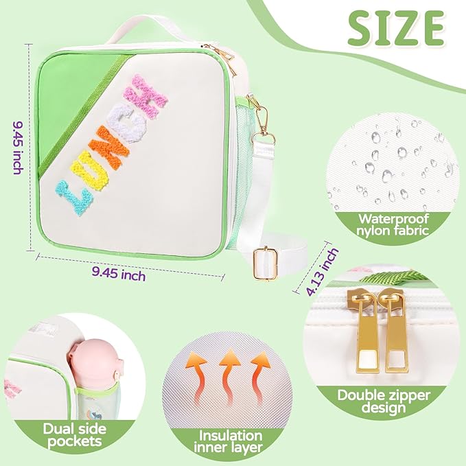 Lunch Bag Kids,Insulated Lunch Bag With Adjustable Shoulder Strap,Reusable Lunch Bag for Kids, Girls,Boys, lunch Bag Women,Preppy Lunch Box for School,Travel, Picnic (green)