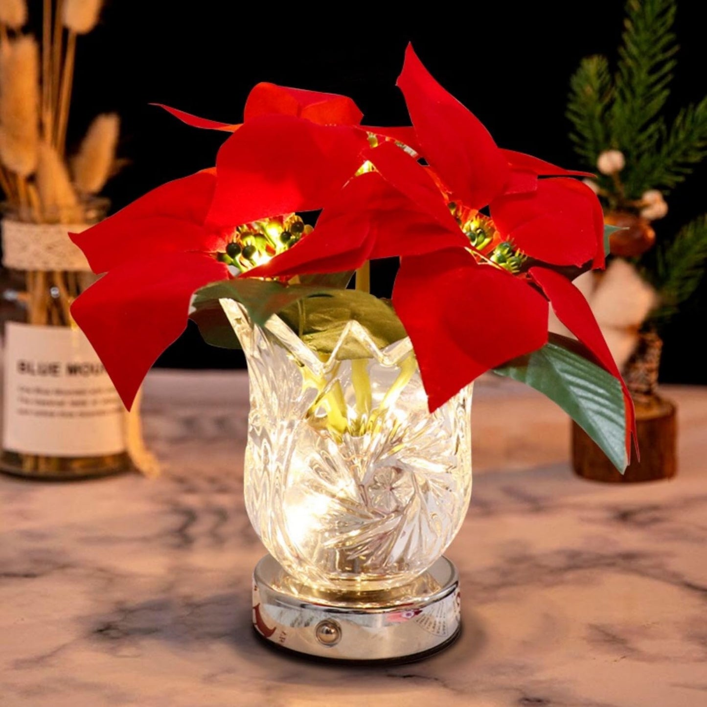 Nikuoan Christmas Poinsettia Table Lamp Artificial Flower Lamp With Glass Vase Dimmable Cordless Lamp Night Light Table Lamp For Living Room Bedroom Office Home Decor Gift