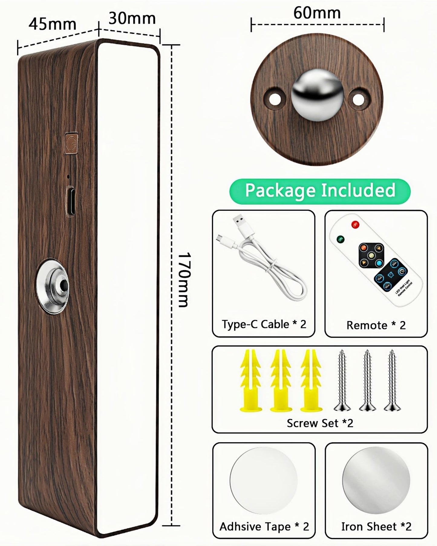 Battery Operated Wall Sconces Set Of 2: Wireless Rechargeable Wall Light With Remote&Button 360?Rotate Magnetic Scone Lighting Led Wall Mount Sconce Lamp For Bedroom Bedside Reading Wood