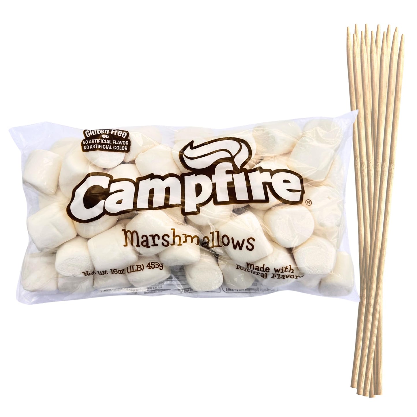 1 Pound of Large White Marshmallows with Bonus Roasting Sticks - Made with Natural Vanilla No Artificial Flavors - Great for Campfires SMores Rice Crisp Bars Cake Garnishes Hot Chocolate