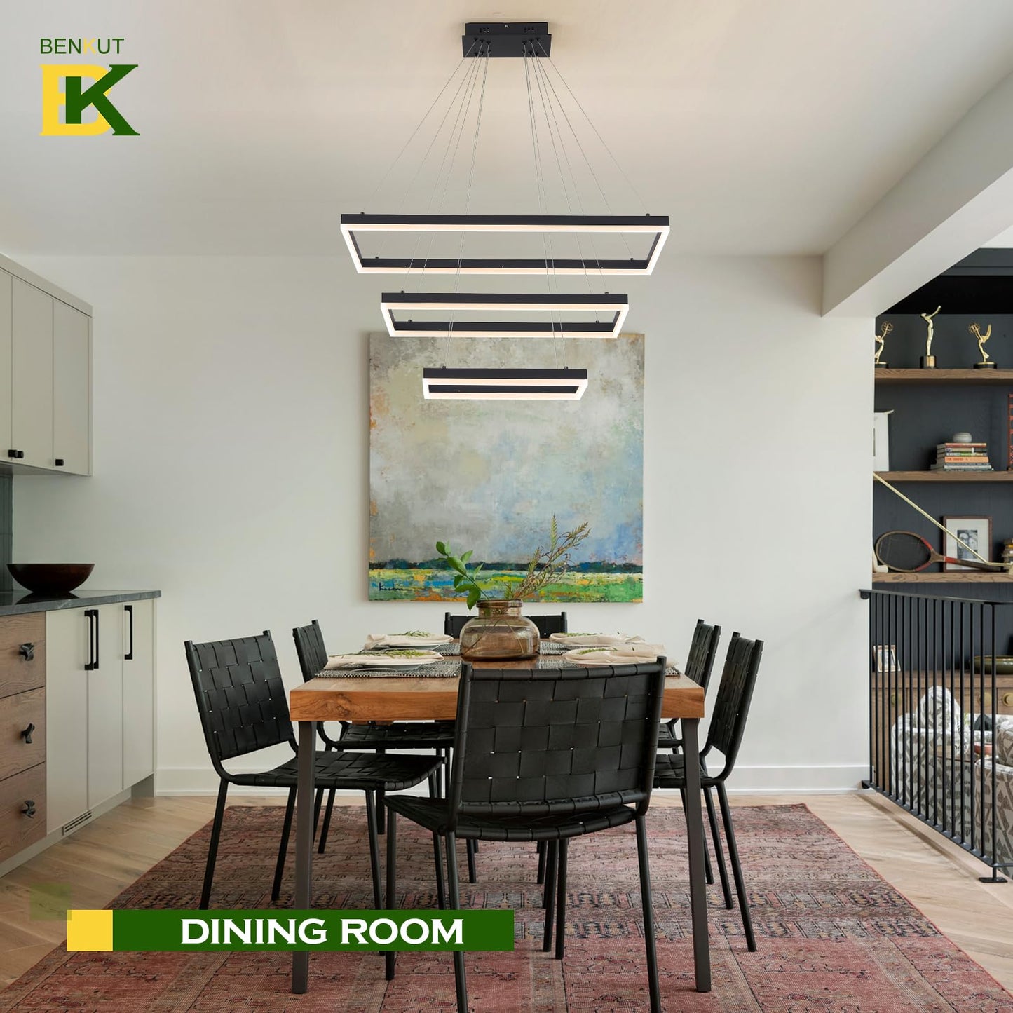 Benkut LED Chandelier, 31.5in Rectangle, Dimmable with Remote, 3 Tier Flush Mount, Black, Aluminum, for High Ceilings, Dining Room, Living Room