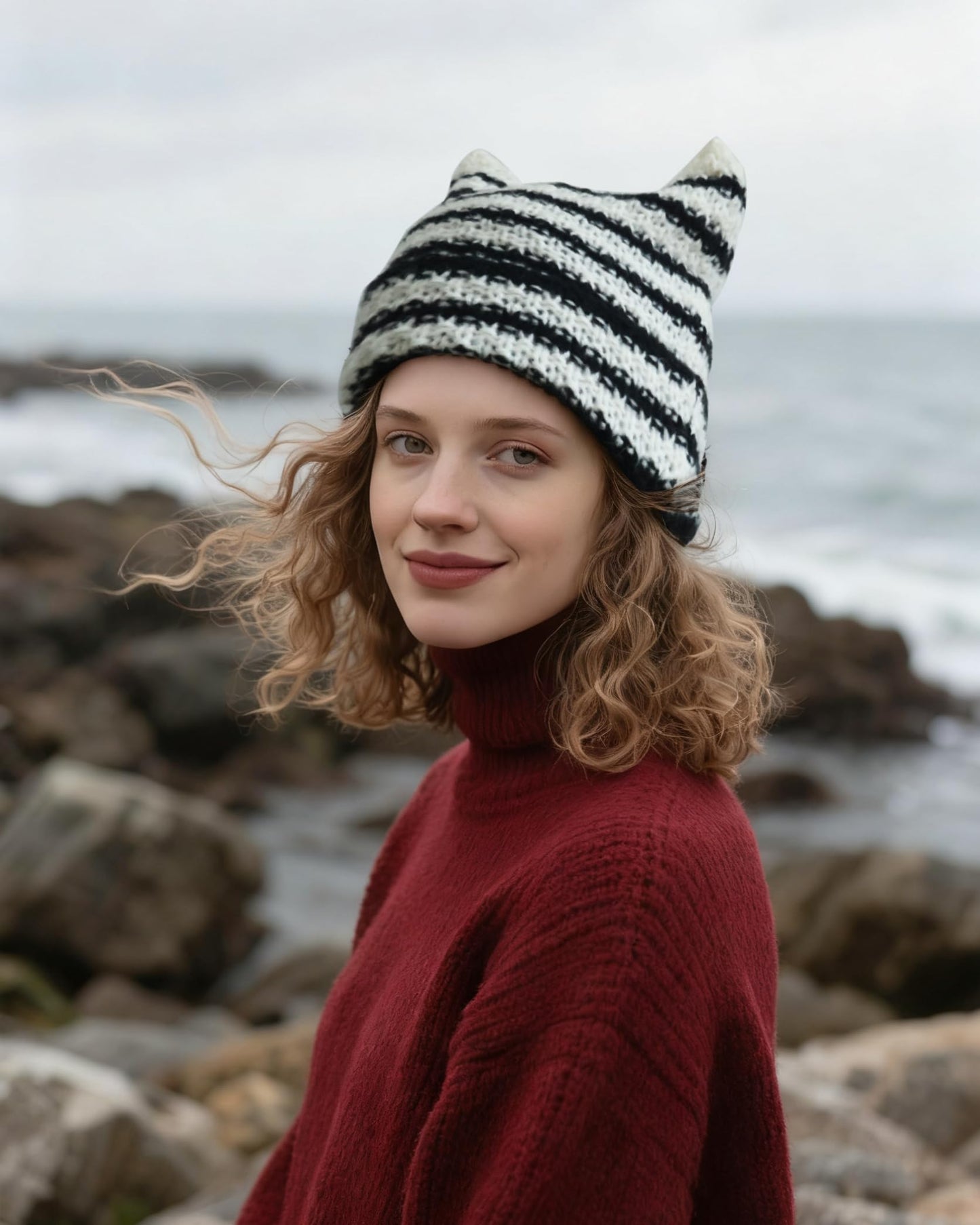 Women Striped Beanie Hat with Little Devil Horn Winter Warm Cap Cute Cat Ears Knitted Hat Fall (Black and White)
