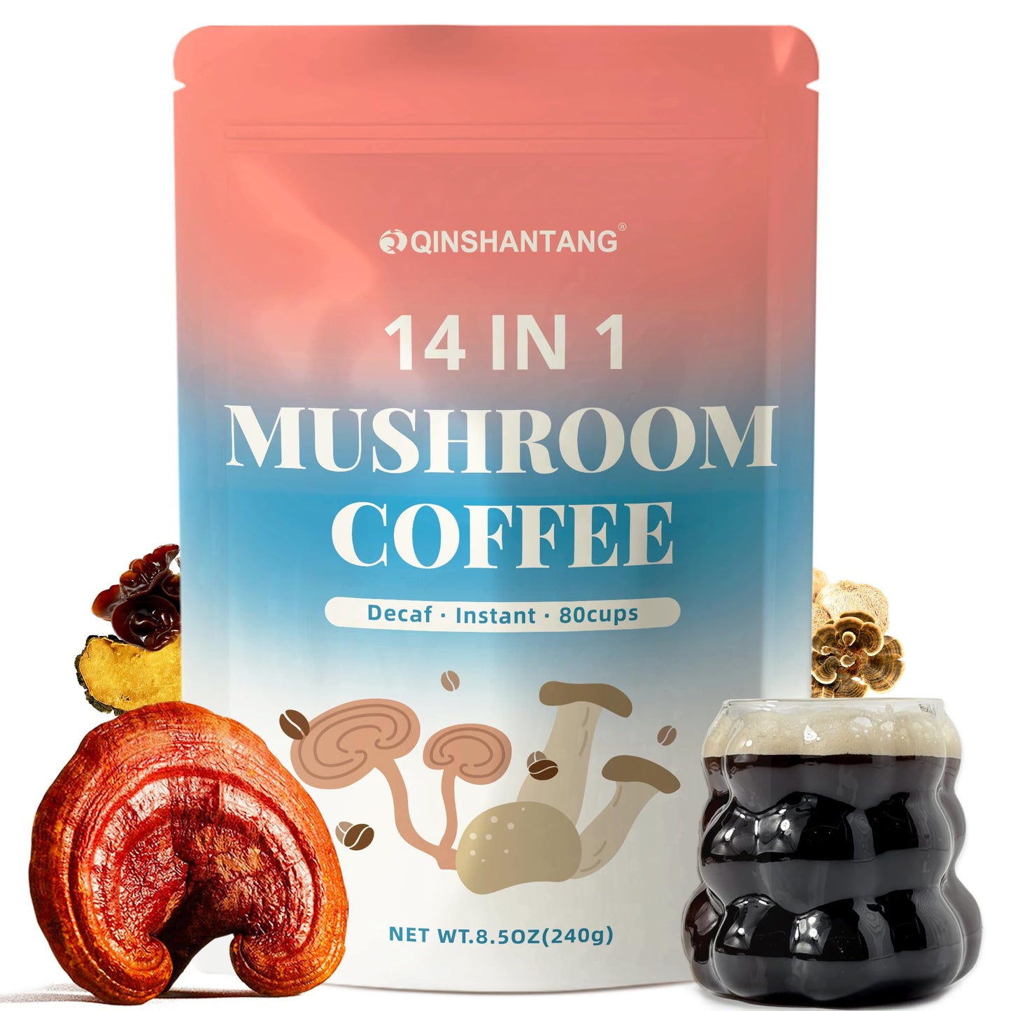 Decaf Mushroom Coffee, Instant Coffee Mix, 80 Servings | Sugar-Free, Decaffeinated Coffee Powder Blend | 14 Mushroom Extract for