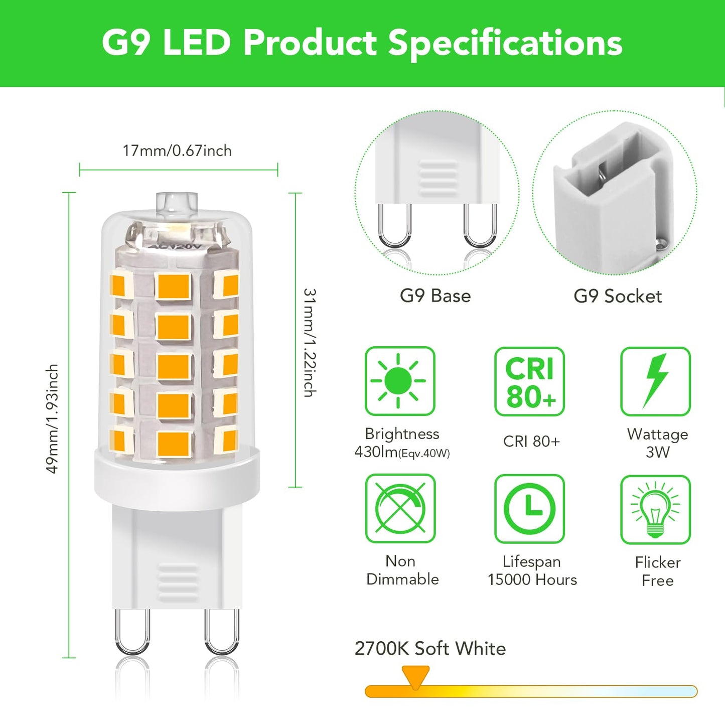 Bubo G9 Led Bulb 2700K Soft White 430 Lumens 3W Equivalent 40W T4 G9 Halogen Replacement 360Beam Angle 120V Non-Dimmable No-Flicker G9 Light Bulbs For Crystal Chandelier Lighting 40 Pack
