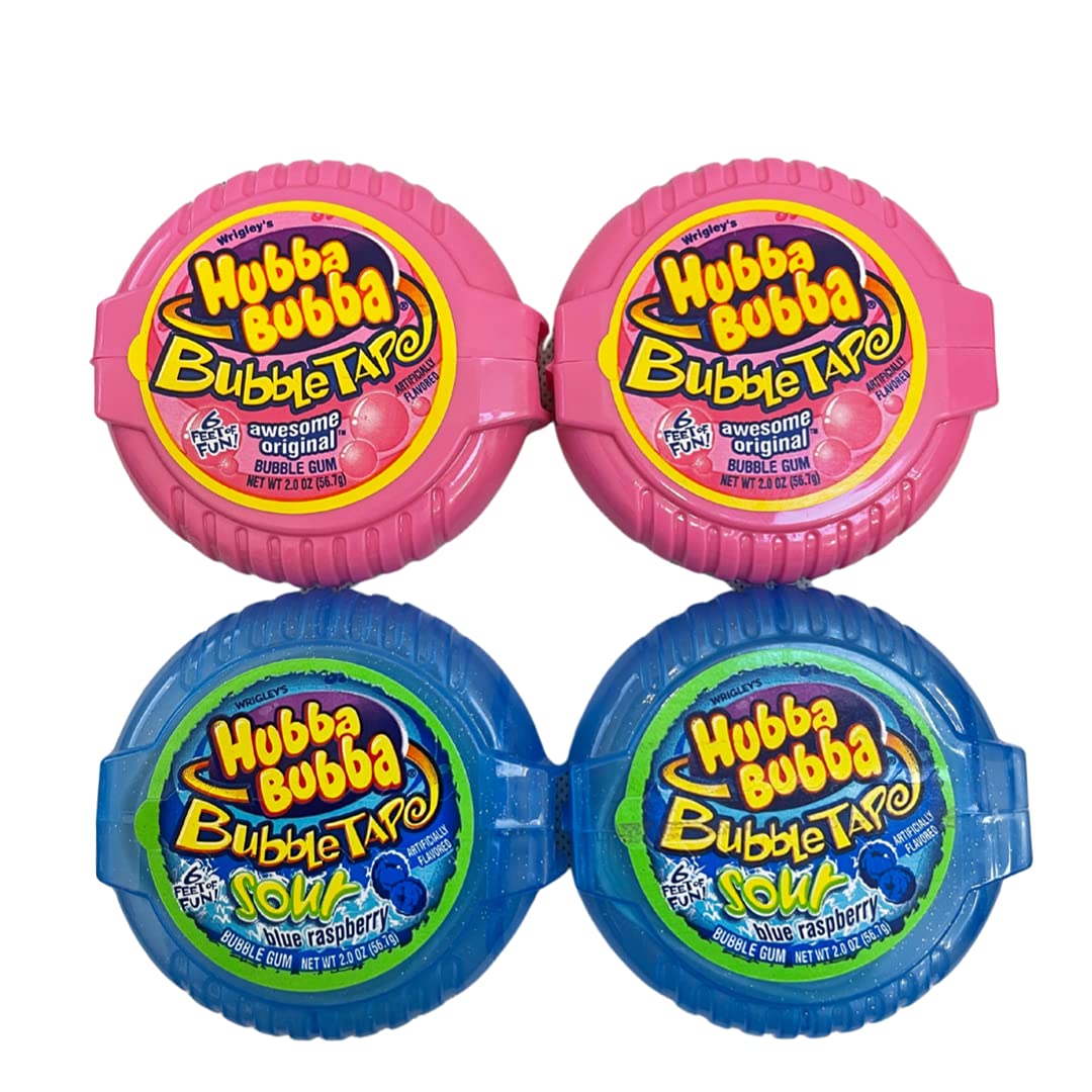 Hubba Bubba Original Bubble Tape and Hubba Bubba Sour Blue Raspberry Bubble Tape Bundle 6 Feet of gum Each Tape 2 Original Fla