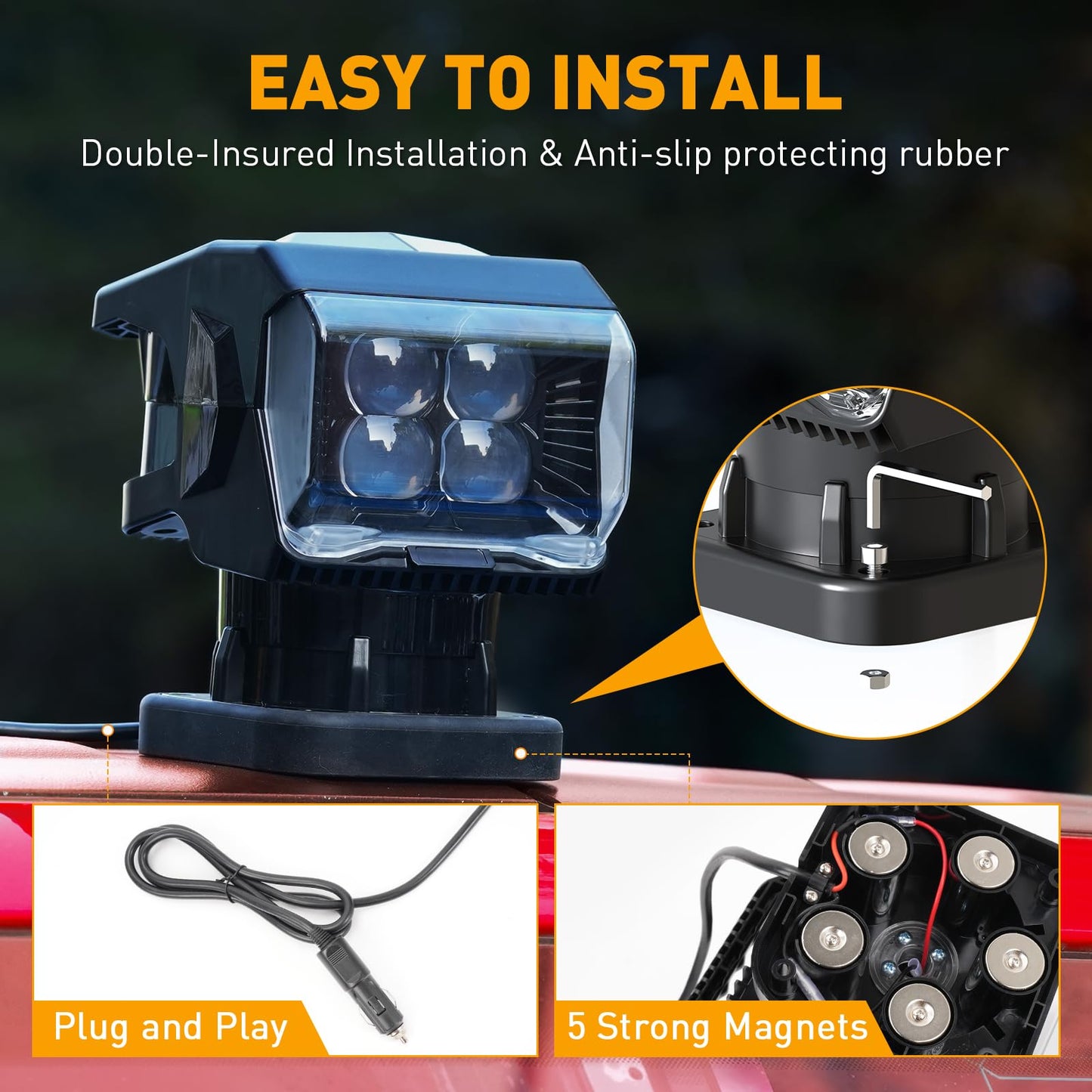 BORDAN 50W Remote Control LED Spotlight, 360° Rotating Searchlight, Black, ABS, Model CR069 for Trucks, Boats, Camping, Offroad