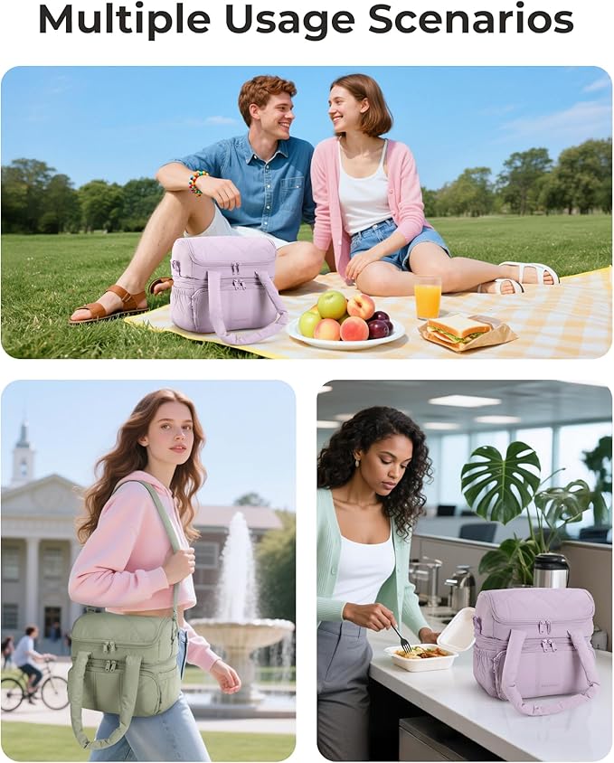 BAGSMART Lunch Bag Women, Double Deck Insulated Lunch Box, Quilted Puffer Lunch Tote, Leakproof, Durable & Reusable Large Lunch Cooler For Work Picnic Travel Meal Prep, Sage Green