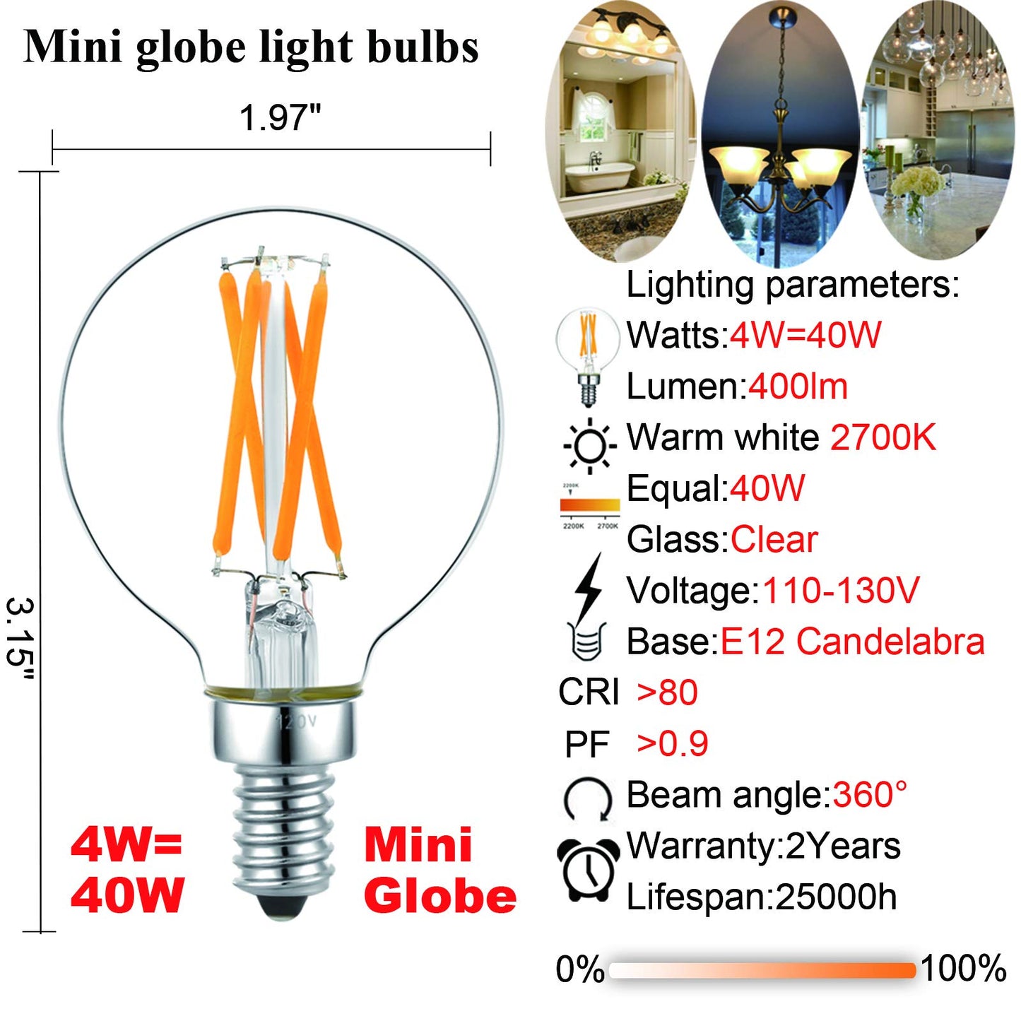LiteHistory G16.5 LED Bulb 4W 2700K Warm White E12 400lm 6-Pack Glass Candelabra Light Bulbs